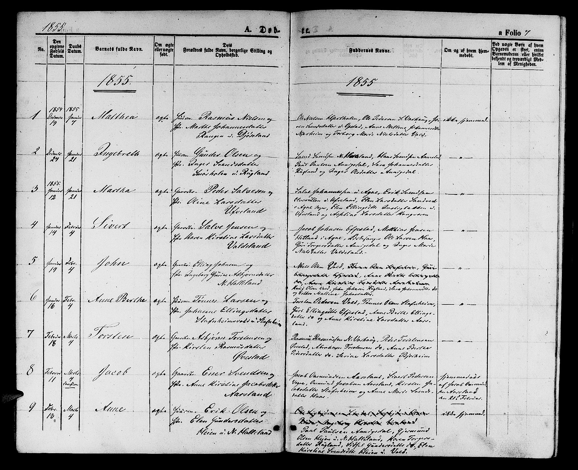 Hå sokneprestkontor, AV/SAST-A-101801/001/30BB/L0002: Parish register (copy) no. B 2, 1854-1883, p. 7