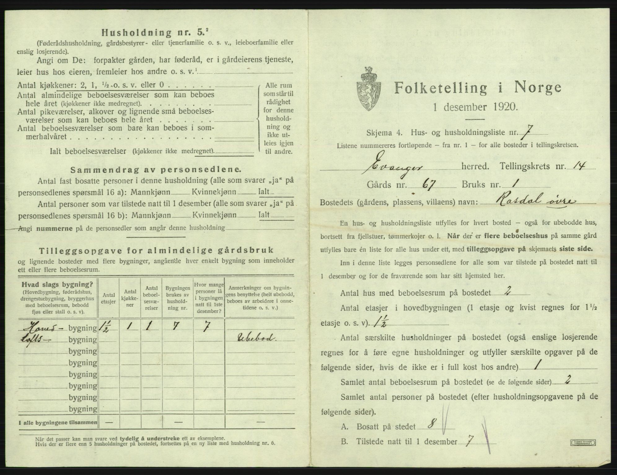 SAB, 1920 census for Evanger, 1920, p. 647