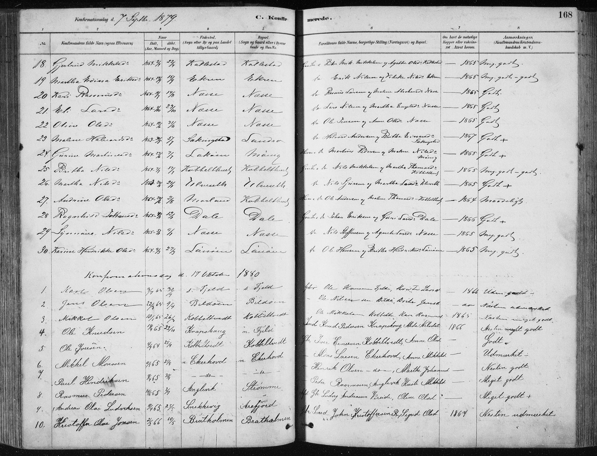Fjell sokneprestembete, AV/SAB-A-75301/H/Haa: Parish register (official) no. A  8, 1878-1898, p. 168