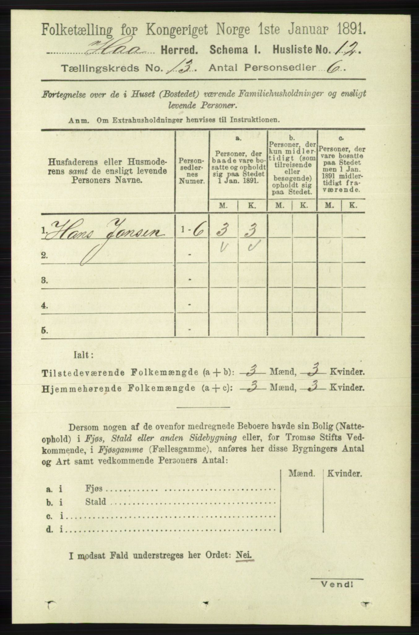 RA, 1891 census for 1119 Hå, 1891, p. 3136