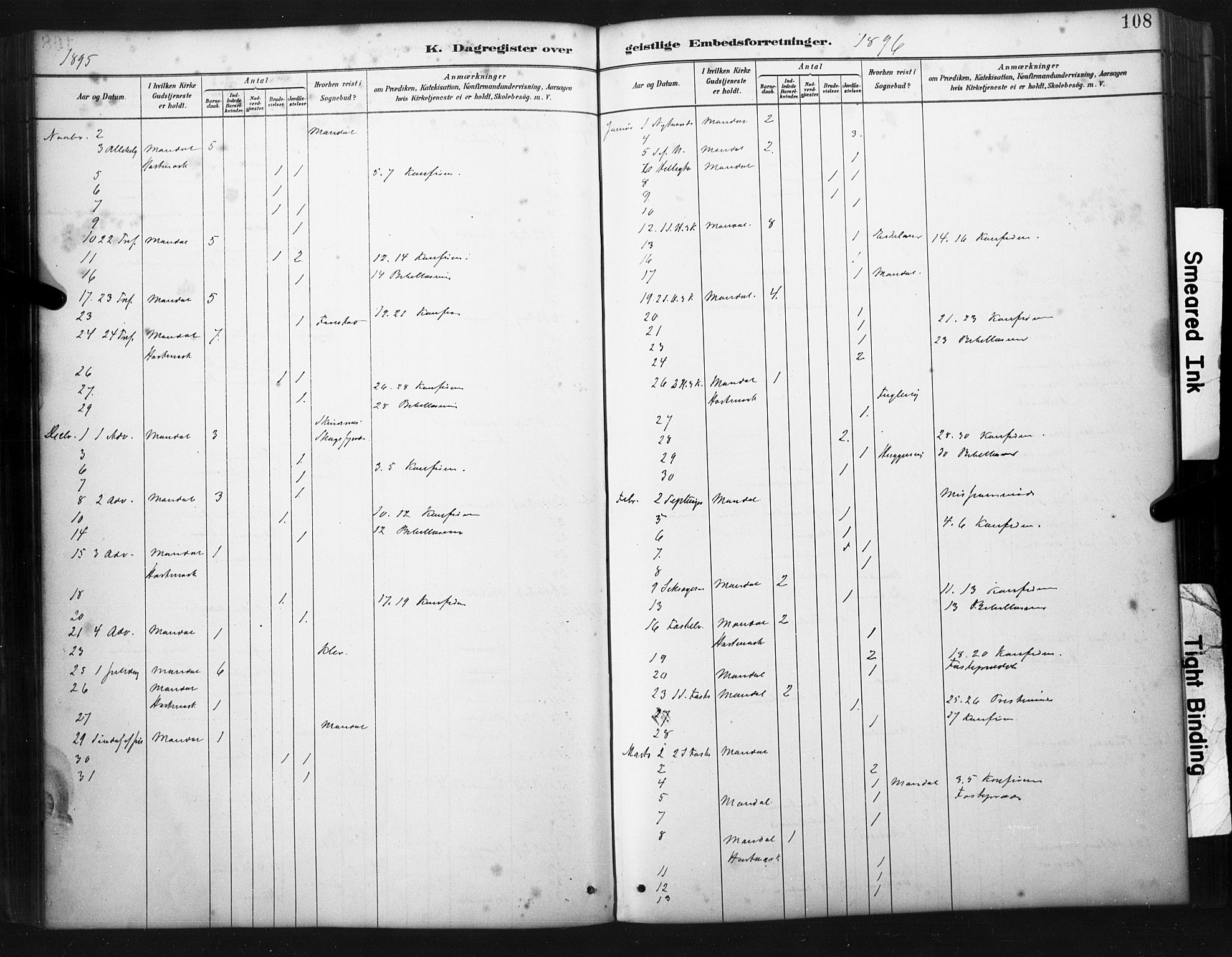 Mandal sokneprestkontor, SAK/1111-0030/F/Fa/Faa/L0017: Parish register (official) no. A 17, 1880-1926, p. 108