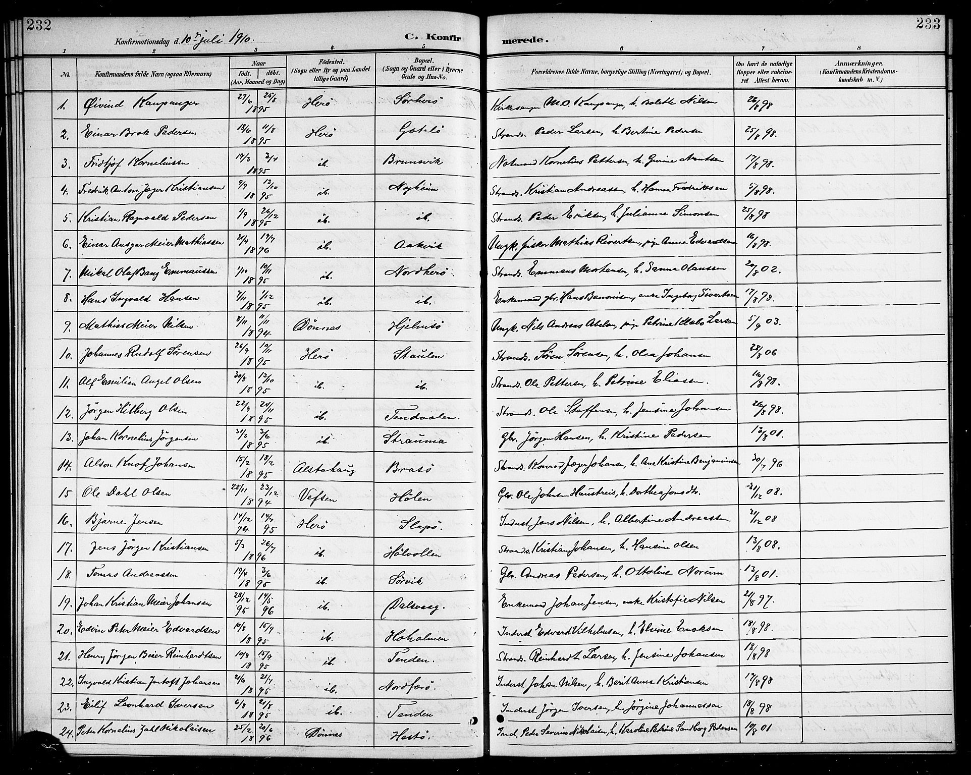 Ministerialprotokoller, klokkerbøker og fødselsregistre - Nordland, SAT/A-1459/834/L0516: Parish register (copy) no. 834C06, 1902-1918, p. 232-233