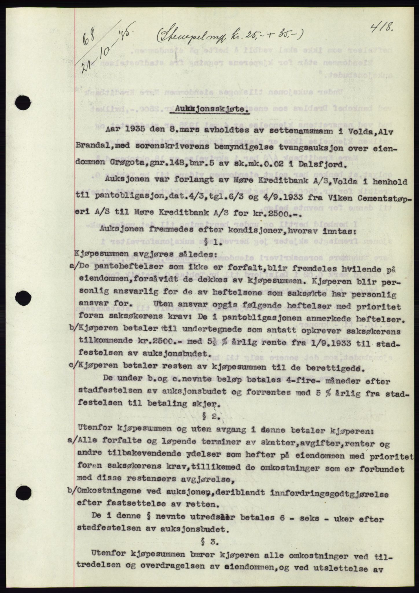 Søre Sunnmøre sorenskriveri, AV/SAT-A-4122/1/2/2C/L0059: Mortgage book no. 53, 1935-1935, Deed date: 21.10.1935