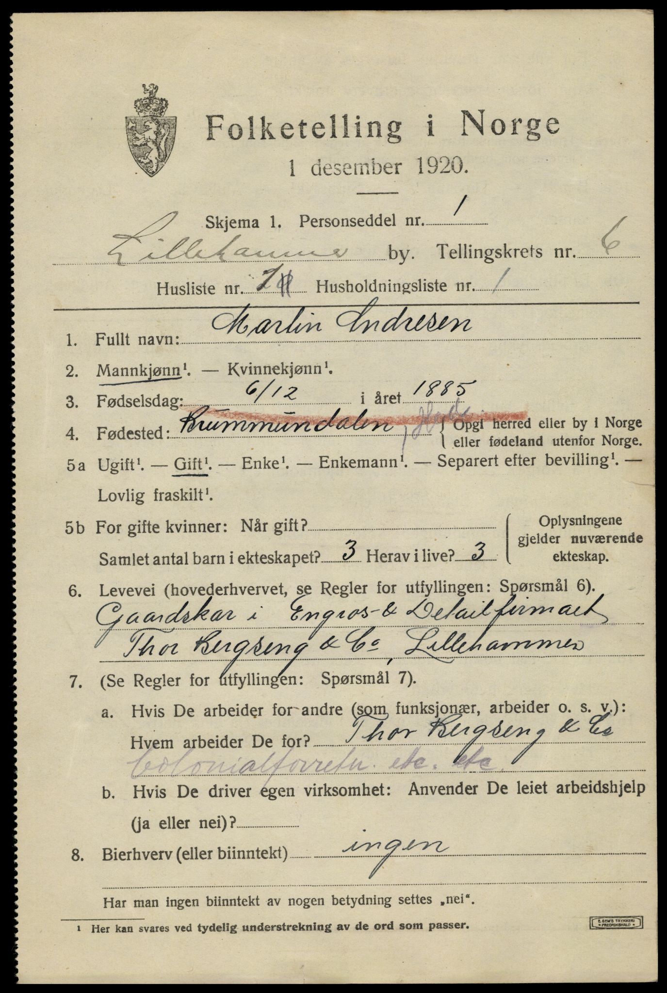 SAH, 1920 census for Lillehammer, 1920, p. 8218