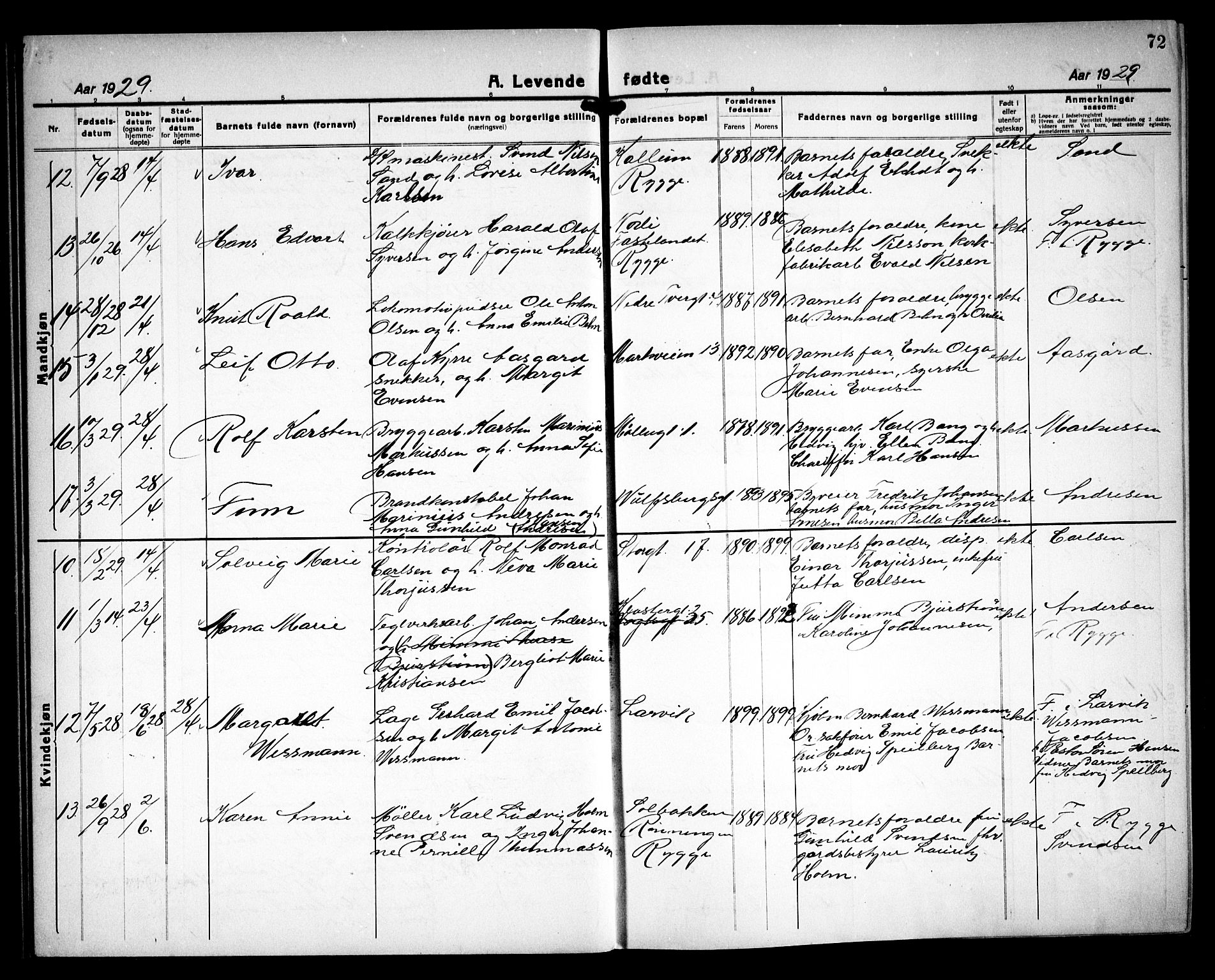 Moss prestekontor Kirkebøker, AV/SAO-A-2003/G/Ga/L0009: Parish register (copy) no. I 9, 1924-1937, p. 72