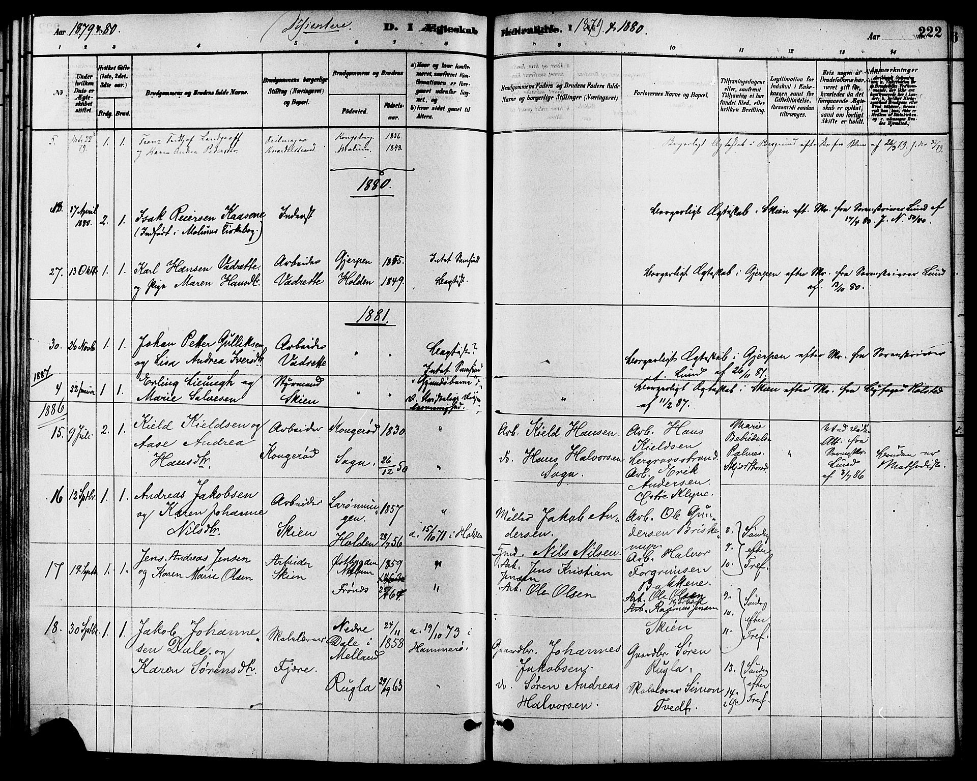 Solum kirkebøker, SAKO/A-306/F/Fa/L0009: Parish register (official) no. I 9, 1877-1887, p. 222