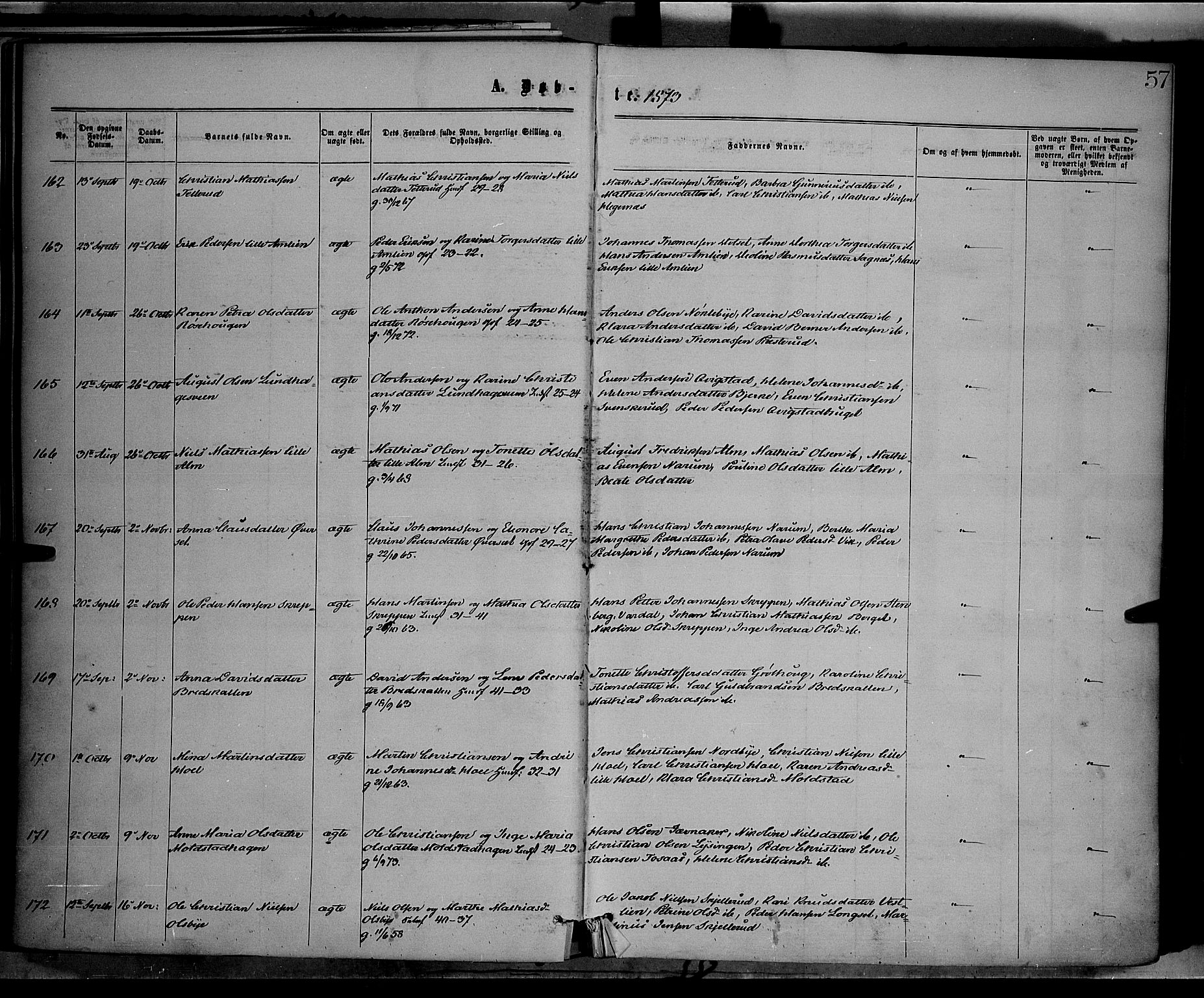Vestre Toten prestekontor, SAH/PREST-108/H/Ha/Haa/L0008: Parish register (official) no. 8, 1870-1877, p. 57