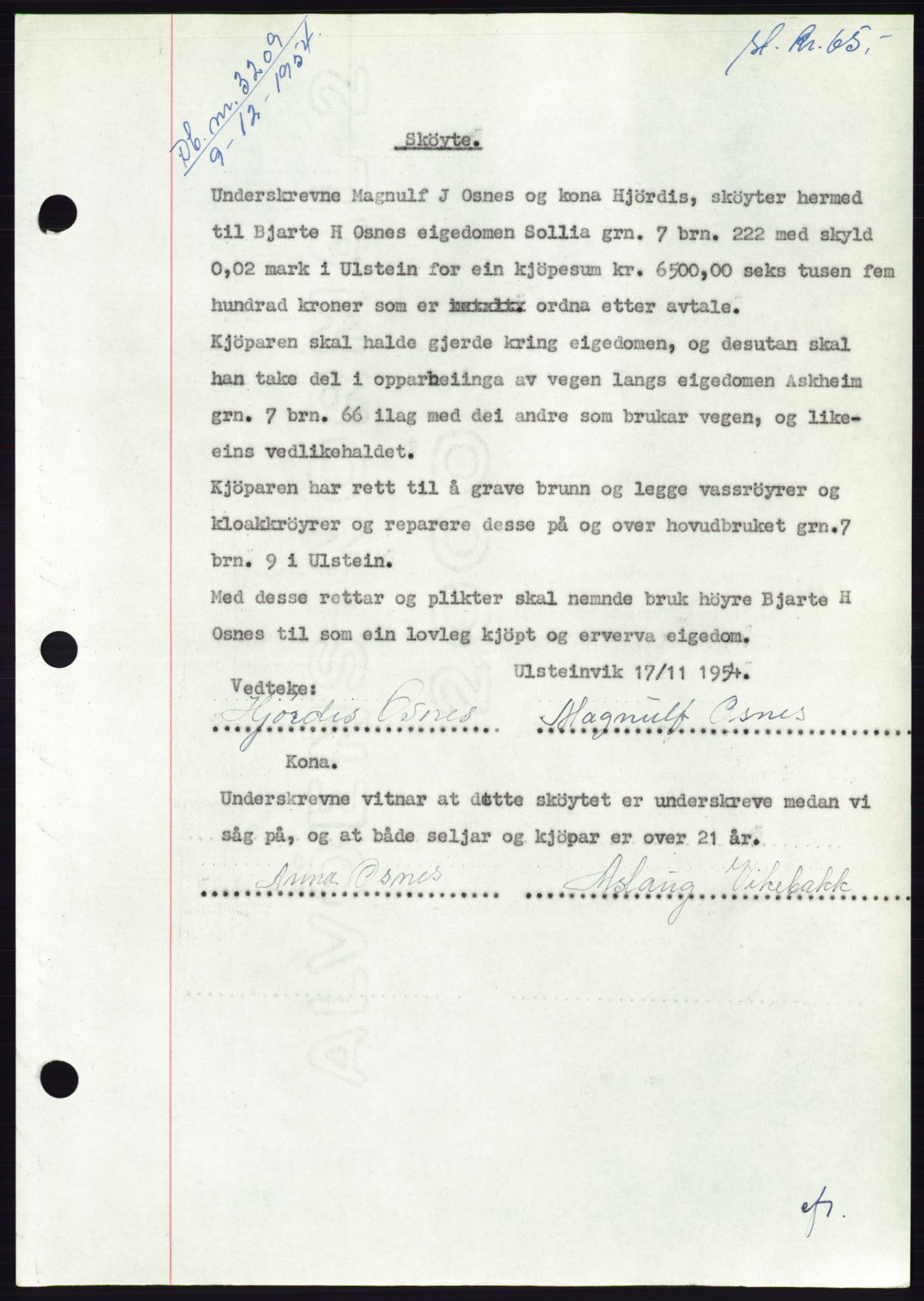 Søre Sunnmøre sorenskriveri, AV/SAT-A-4122/1/2/2C/L0099: Mortgage book no. 25A, 1954-1954, Diary no: : 3209/1954