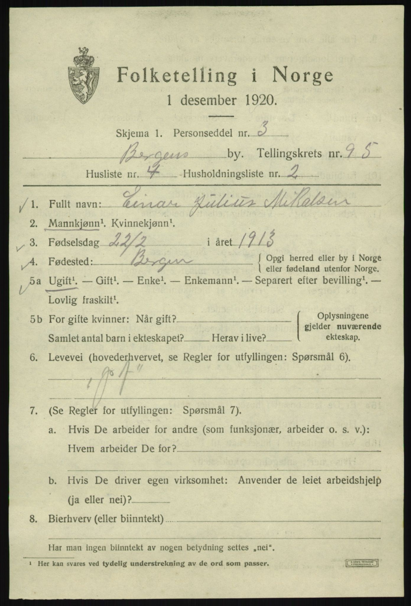 SAB, 1920 census for Bergen, 1920, p. 168750