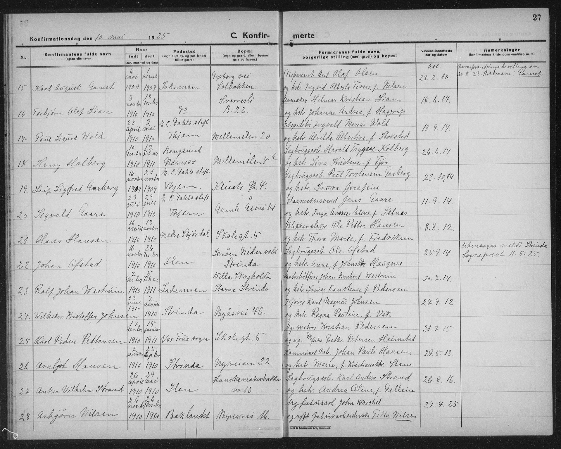 Ministerialprotokoller, klokkerbøker og fødselsregistre - Sør-Trøndelag, SAT/A-1456/603/L0175: Parish register (copy) no. 603C03, 1923-1941, p. 27