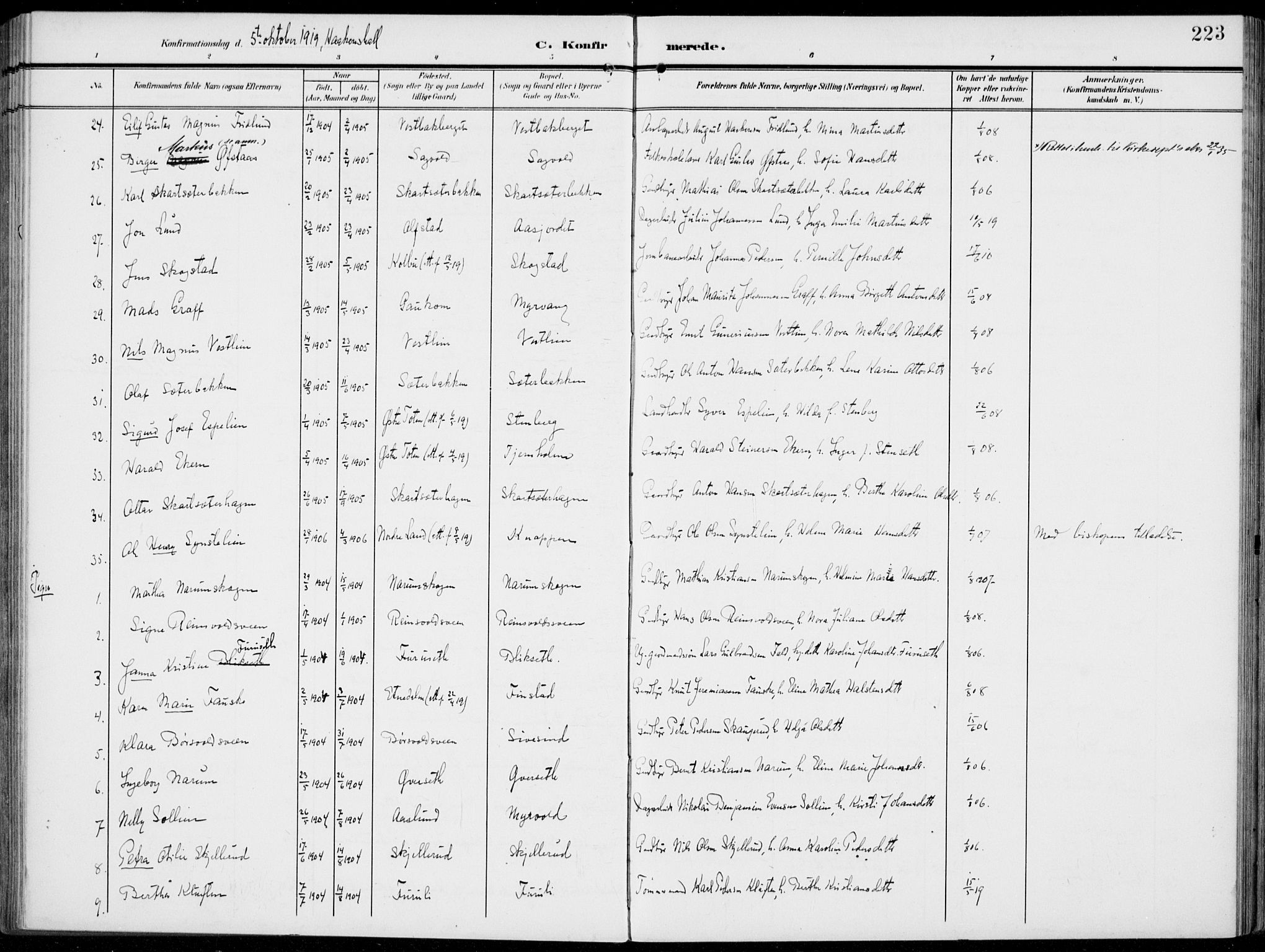 Vestre Toten prestekontor, AV/SAH-PREST-108/H/Ha/Haa/L0014: Parish register (official) no. 14, 1907-1920, p. 223