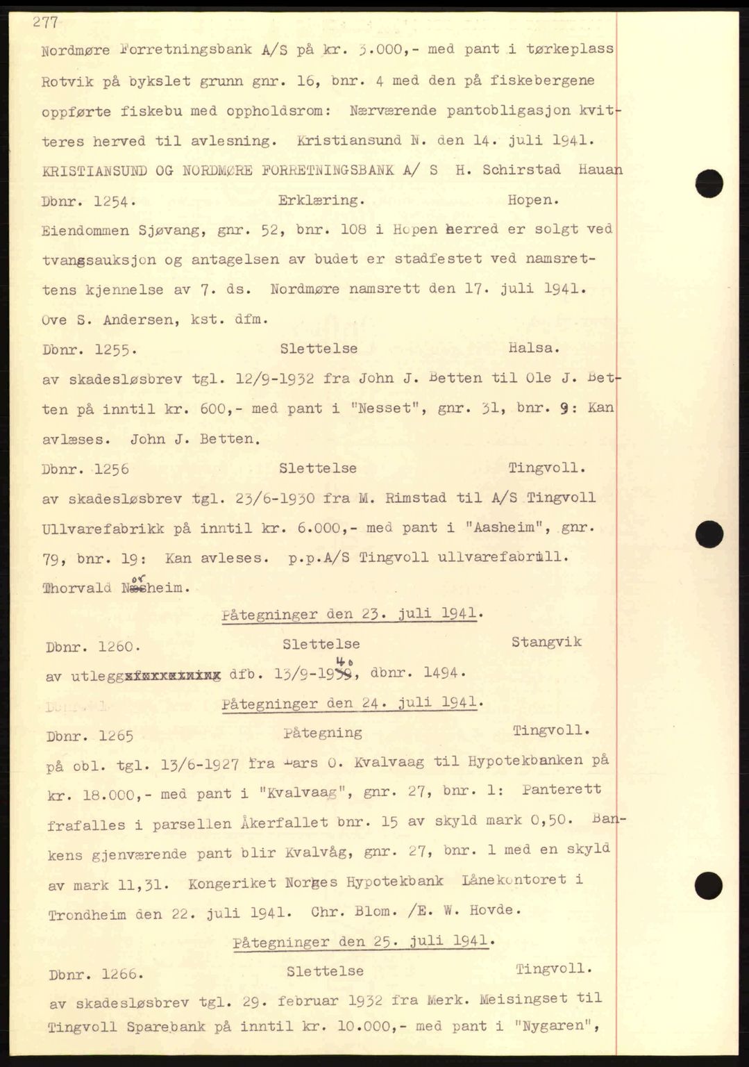 Nordmøre sorenskriveri, AV/SAT-A-4132/1/2/2Ca: Mortgage book no. C81, 1940-1945, Diary no: : 1254/1941