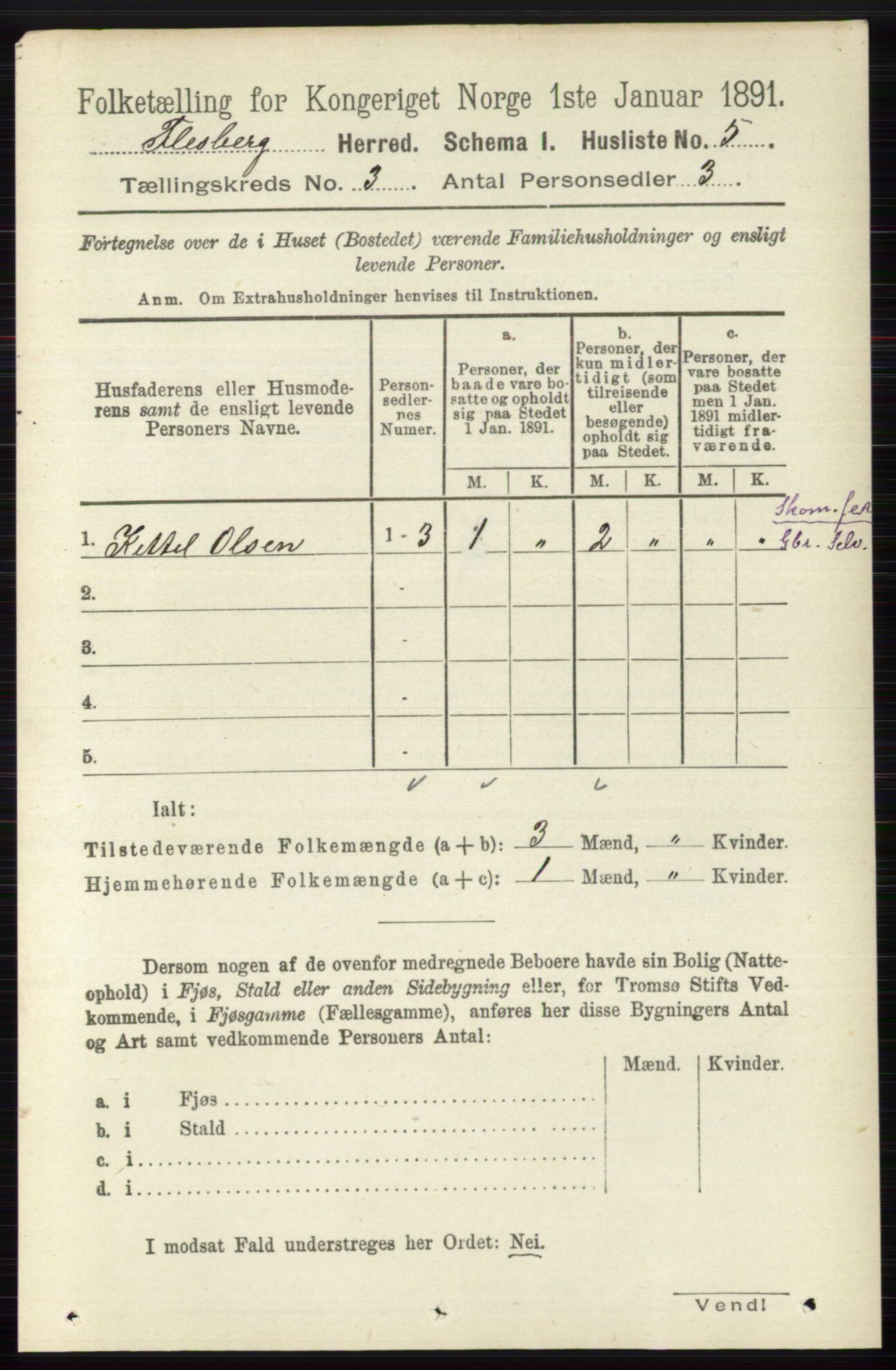 RA, 1891 census for 0631 Flesberg, 1891, p. 398