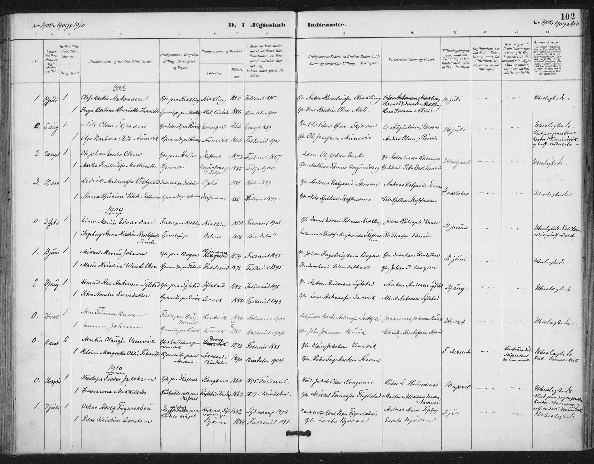 Ministerialprotokoller, klokkerbøker og fødselsregistre - Nord-Trøndelag, AV/SAT-A-1458/783/L0660: Parish register (official) no. 783A02, 1886-1918, p. 102