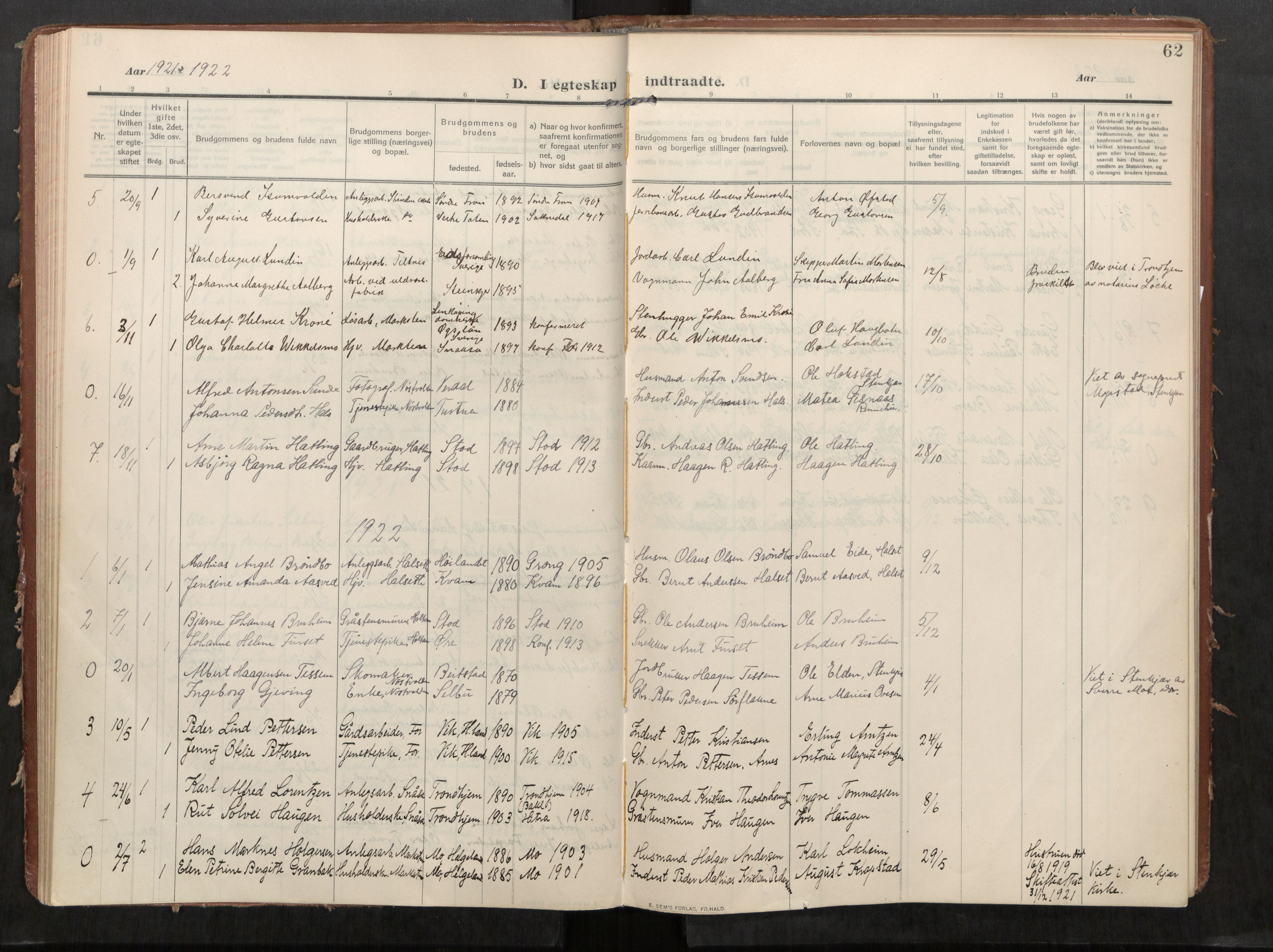 Stod sokneprestkontor, SAT/A-1164/1/I/I1/I1a/L0002: Parish register (official) no. 2, 1909-1922, p. 62