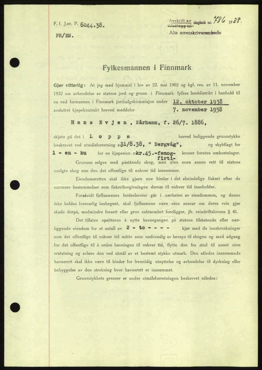 Alta fogderi/sorenskriveri, SATØ/SATØ-5/1/K/Kd/L0031pantebok: Mortgage book no. 31, 1938-1939, Diary no: : 786/1938