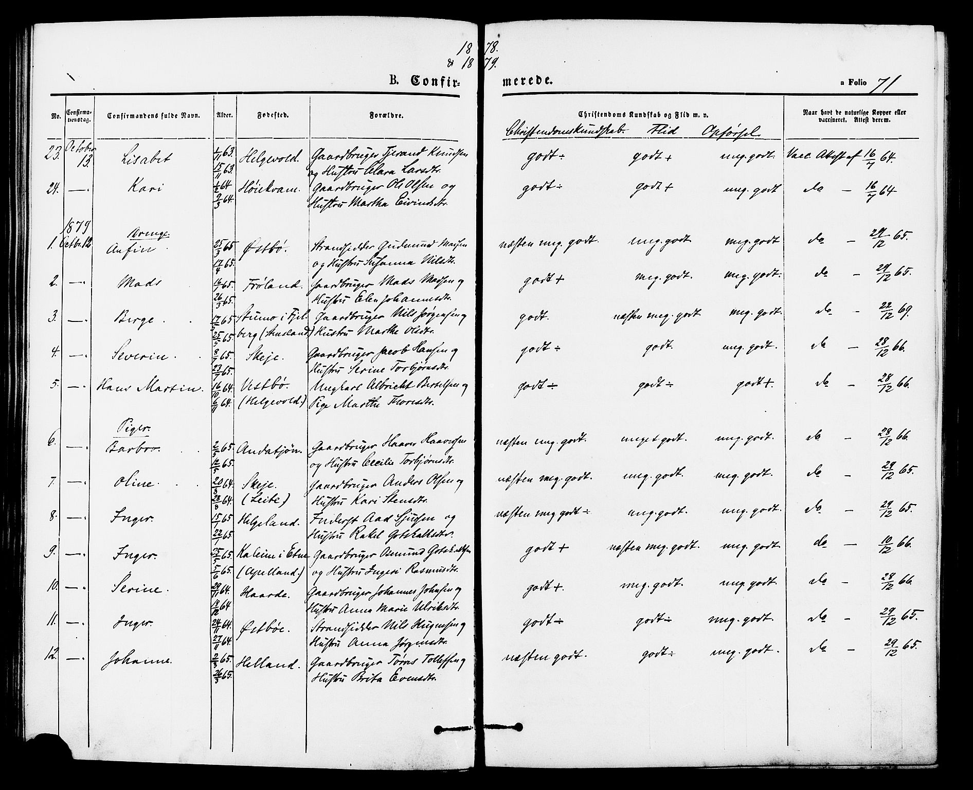 Vikedal sokneprestkontor, AV/SAST-A-101840/01/IV: Parish register (official) no. A 8, 1868-1885, p. 71