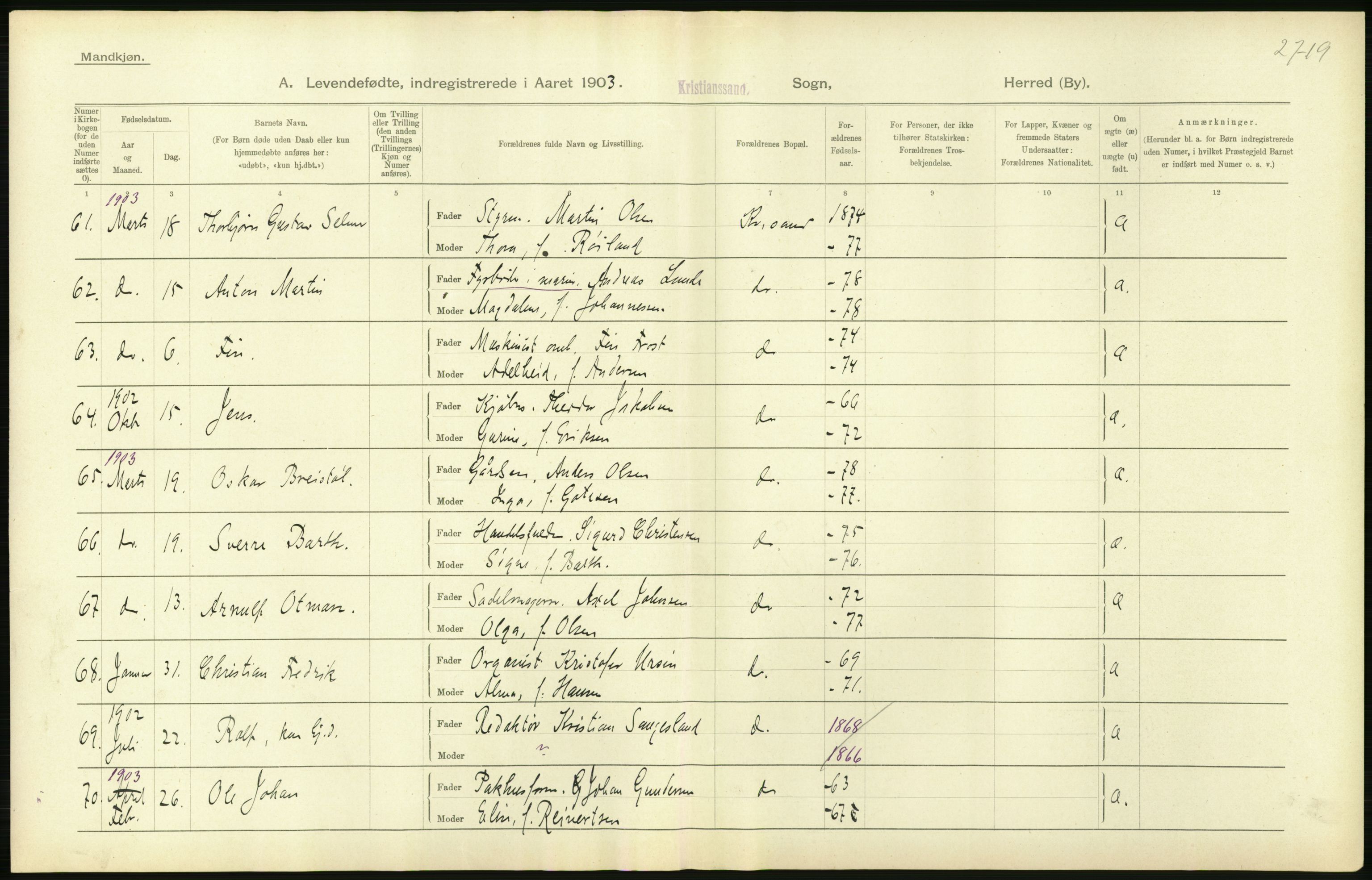 Statistisk sentralbyrå, Sosiodemografiske emner, Befolkning, AV/RA-S-2228/D/Df/Dfa/Dfaa/L0011: Lister og Mandal amt: Fødte, gifte, døde, 1903, p. 260