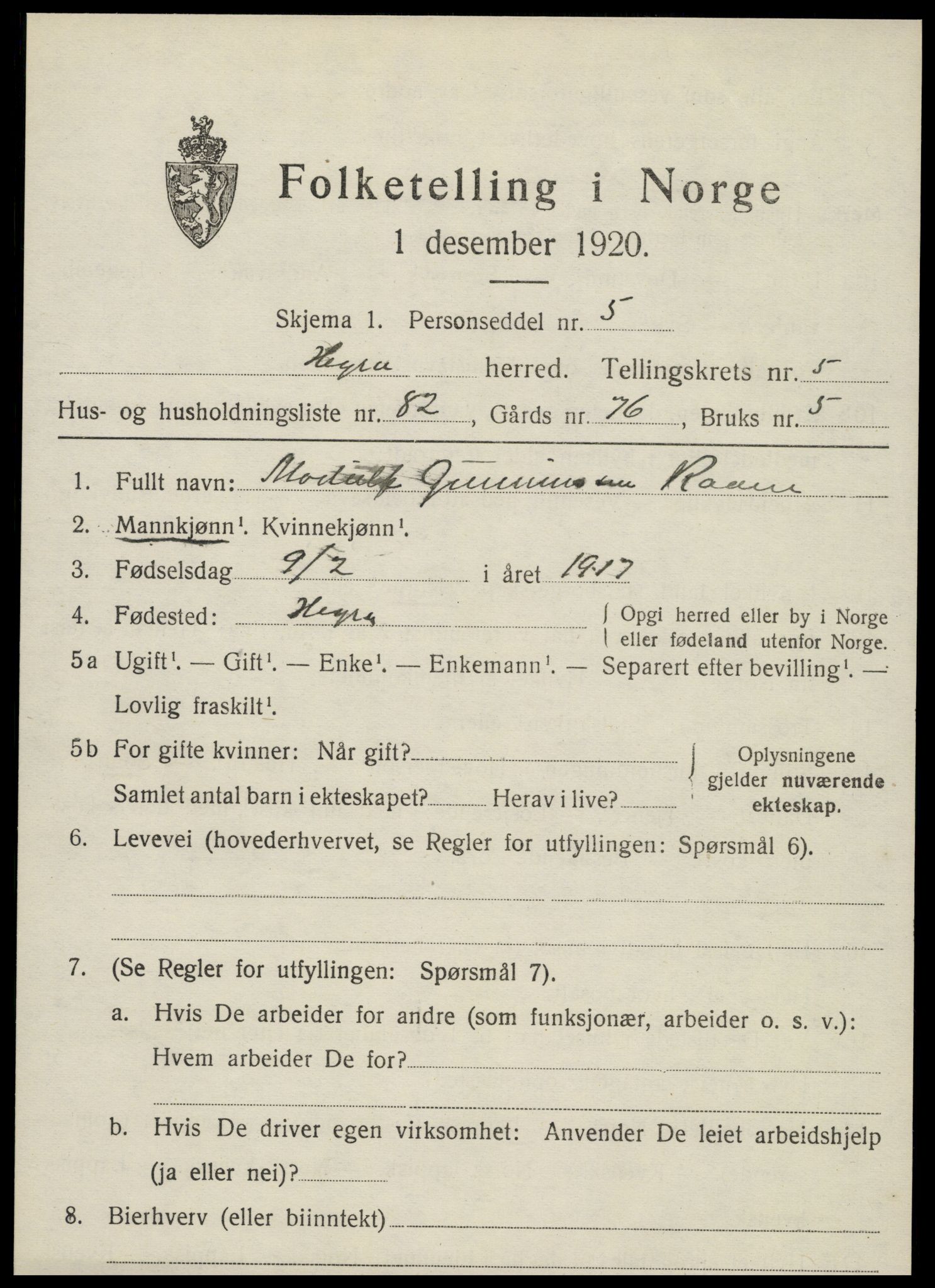 SAT, 1920 census for Hegra, 1920, p. 4852