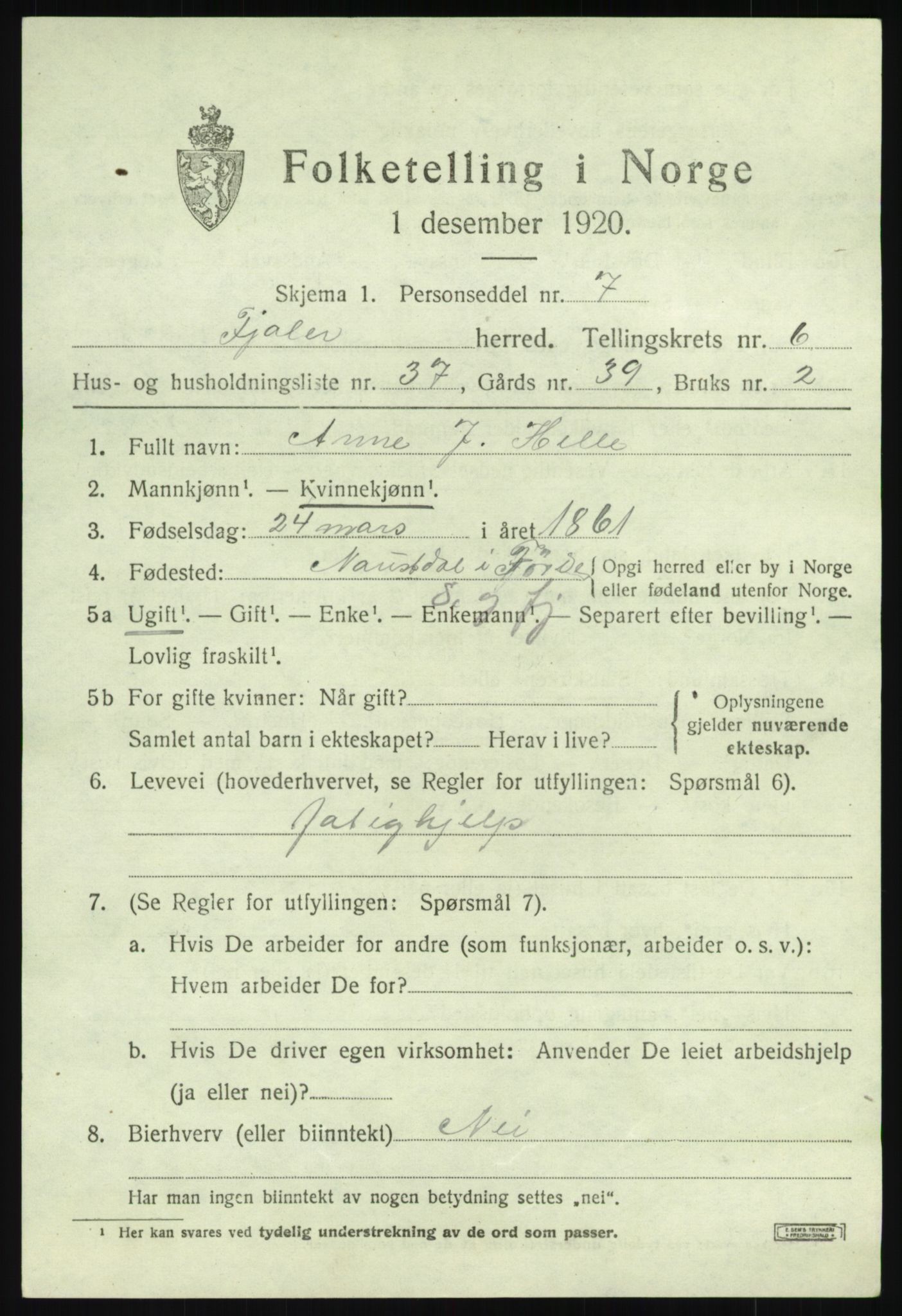 SAB, 1920 census for Fjaler, 1920, p. 4101