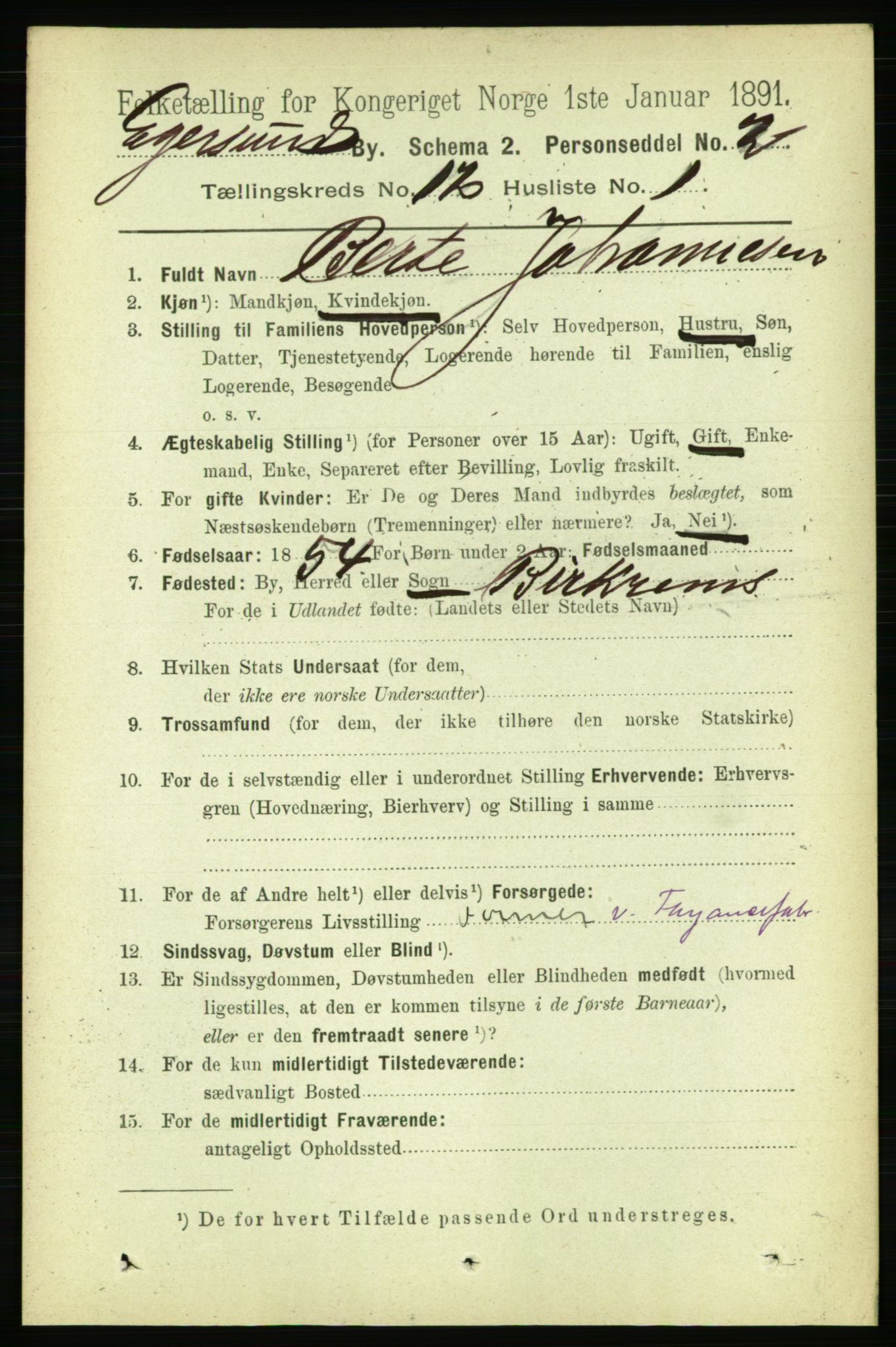 RA, 1891 census for 1101 Egersund, 1891, p. 2166