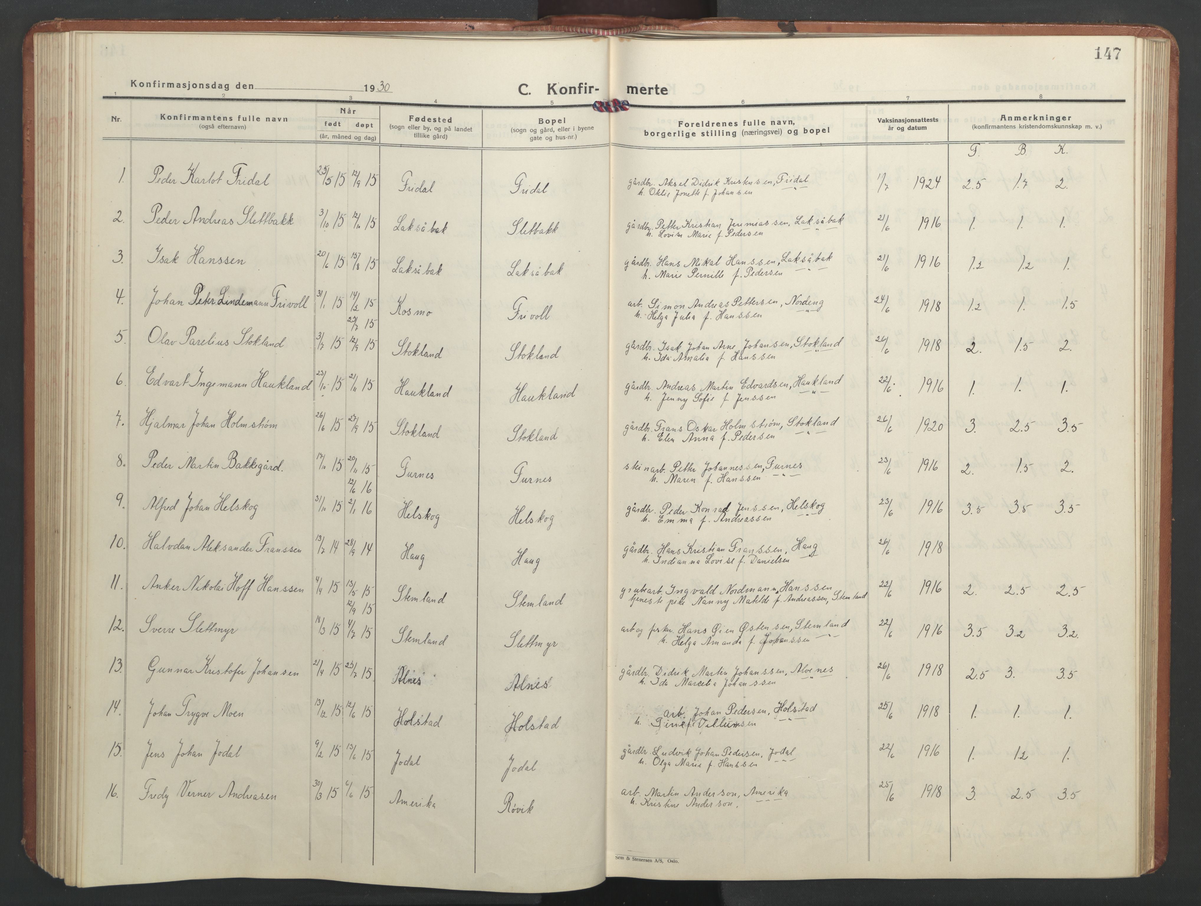 Ministerialprotokoller, klokkerbøker og fødselsregistre - Nordland, AV/SAT-A-1459/851/L0727: Parish register (copy) no. 851C02, 1925-1948, p. 147