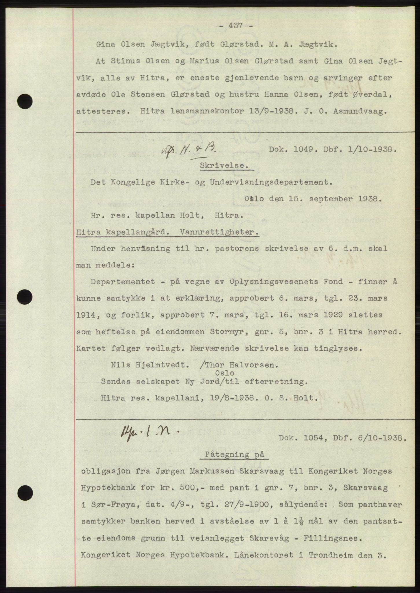 Hitra sorenskriveri, AV/SAT-A-0018/2/2C/2Ca: Mortgage book no. C1, 1936-1945, Diary no: : 1049/1938