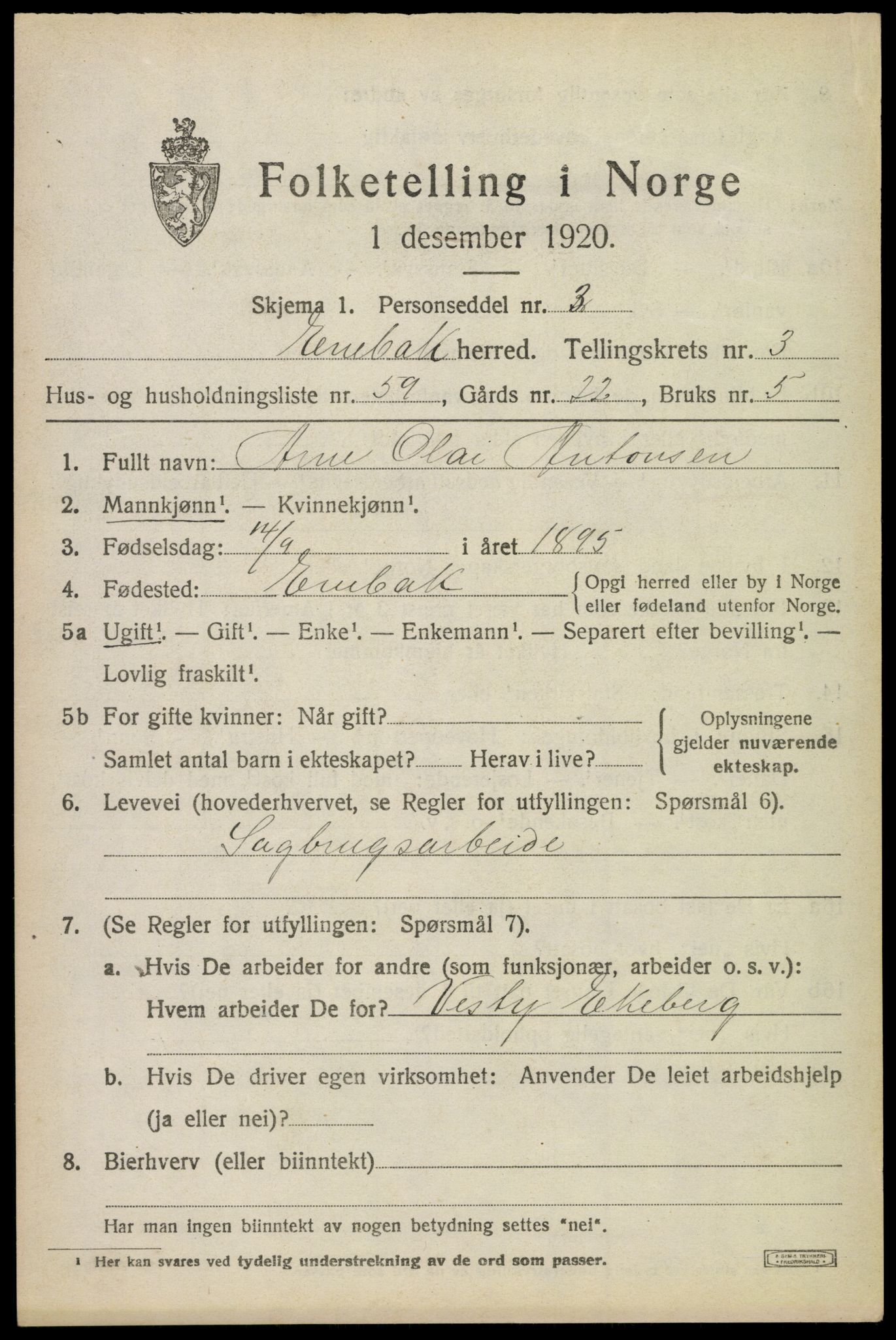 SAO, 1920 census for Enebakk, 1920, p. 3415