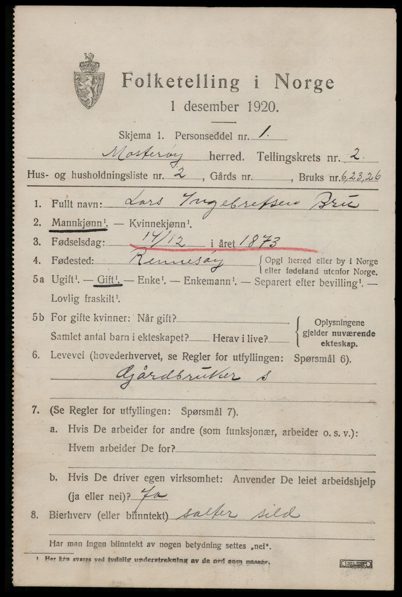 SAST, 1920 census for Mosterøy, 1920, p. 758