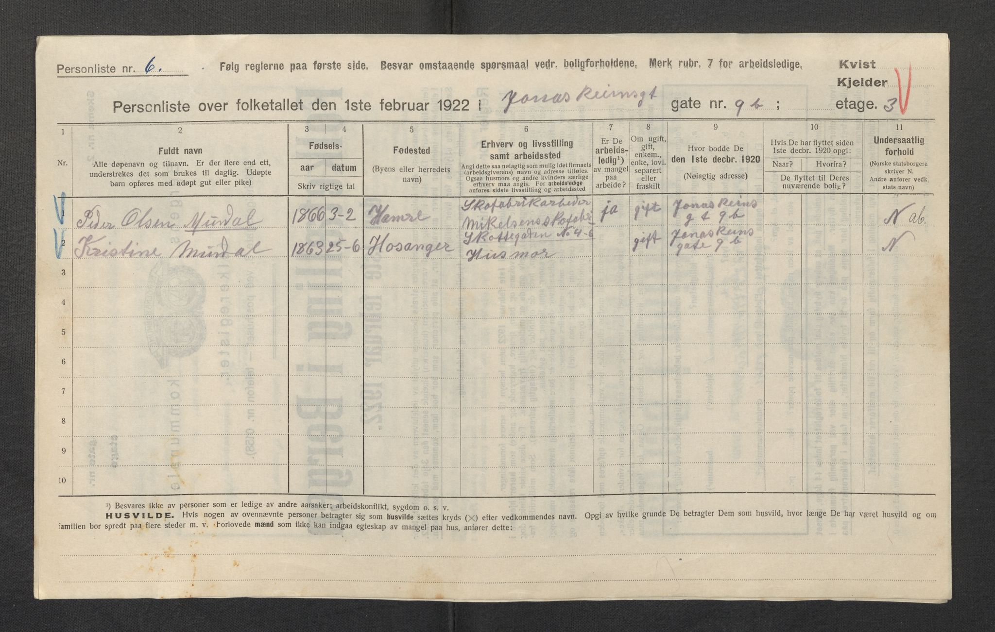 SAB, Municipal Census 1922 for Bergen, 1922, p. 16589