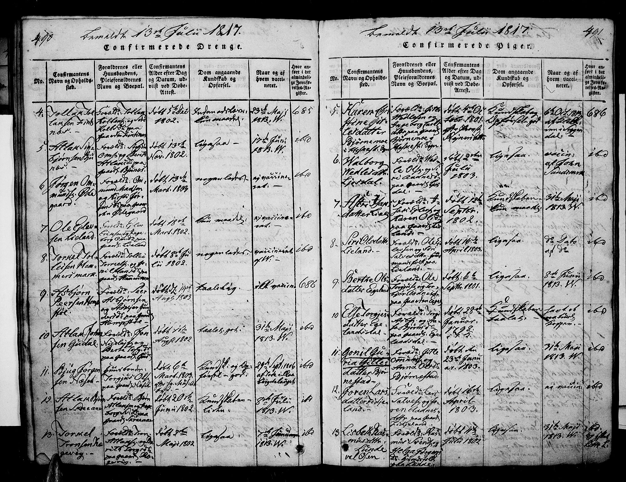 Sirdal sokneprestkontor, AV/SAK-1111-0036/F/Fa/Fab/L0001: Parish register (official) no. A 1, 1815-1834, p. 490-491