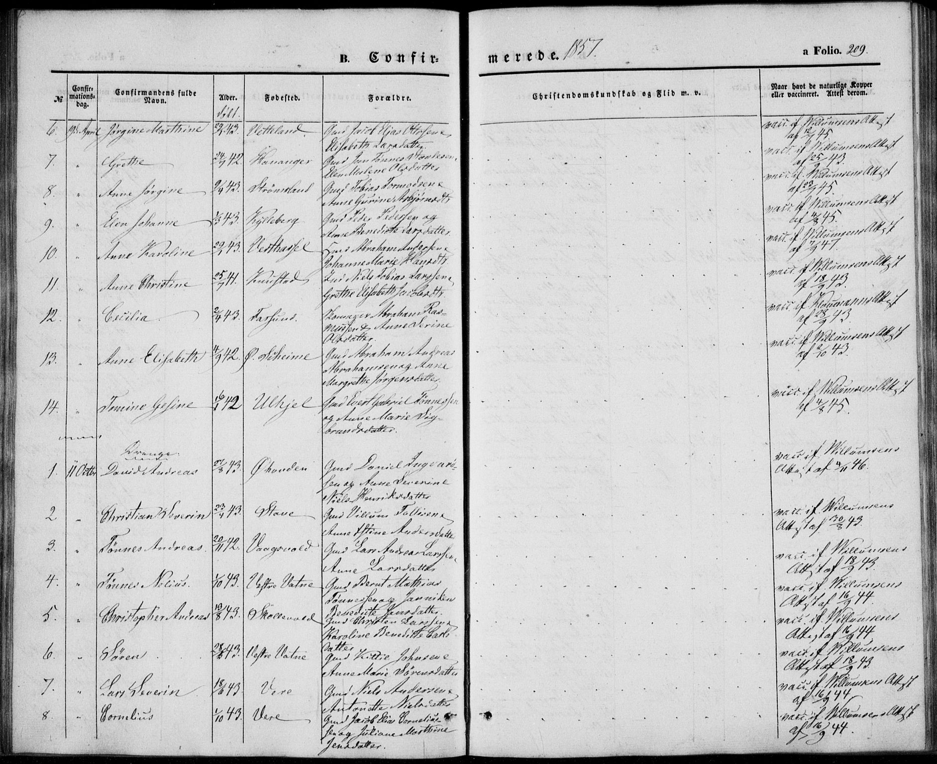 Lista sokneprestkontor, AV/SAK-1111-0027/F/Fb/L0002: Parish register (copy) no. B 2, 1847-1862, p. 209