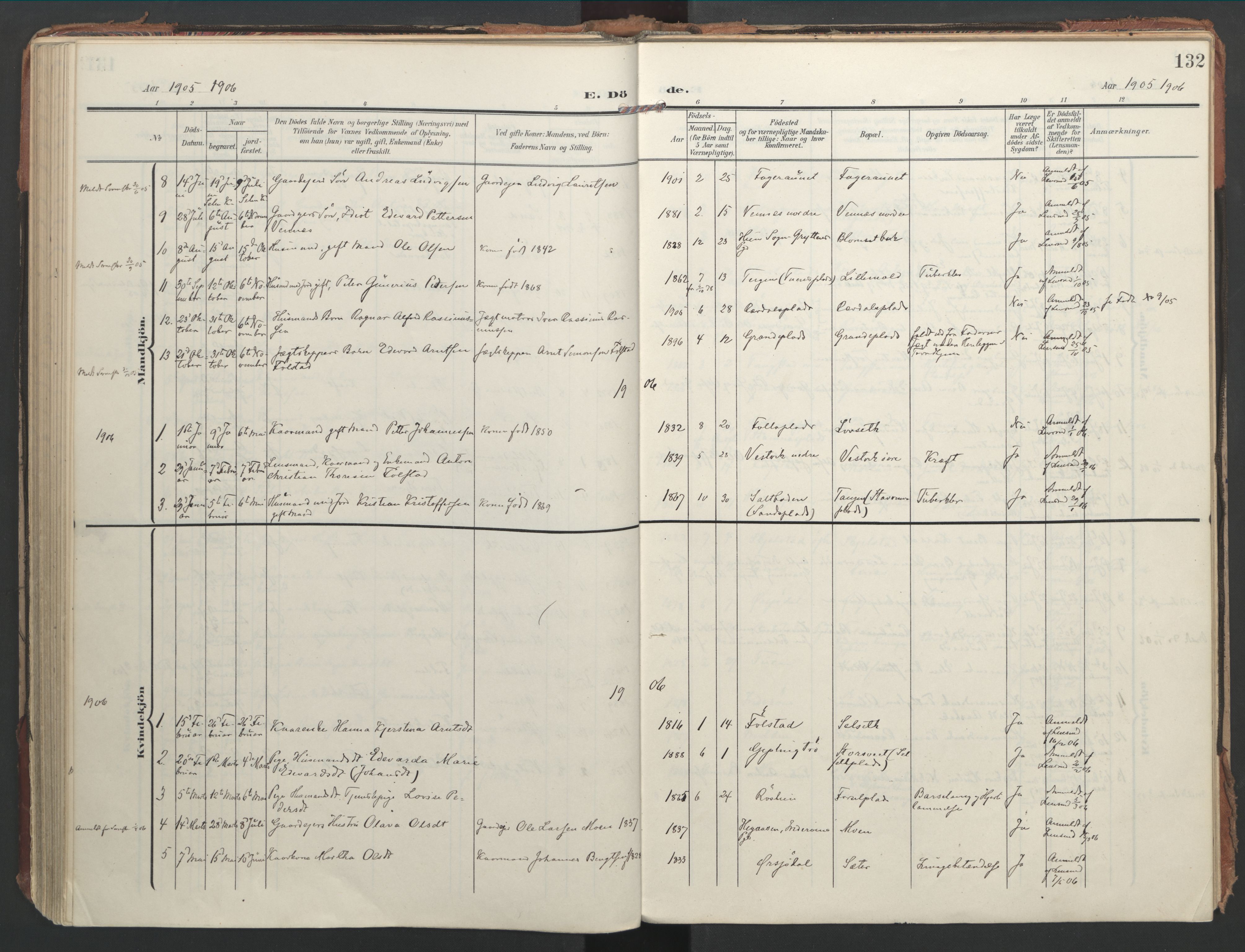 Ministerialprotokoller, klokkerbøker og fødselsregistre - Nord-Trøndelag, SAT/A-1458/744/L0421: Parish register (official) no. 744A05, 1905-1930, p. 132