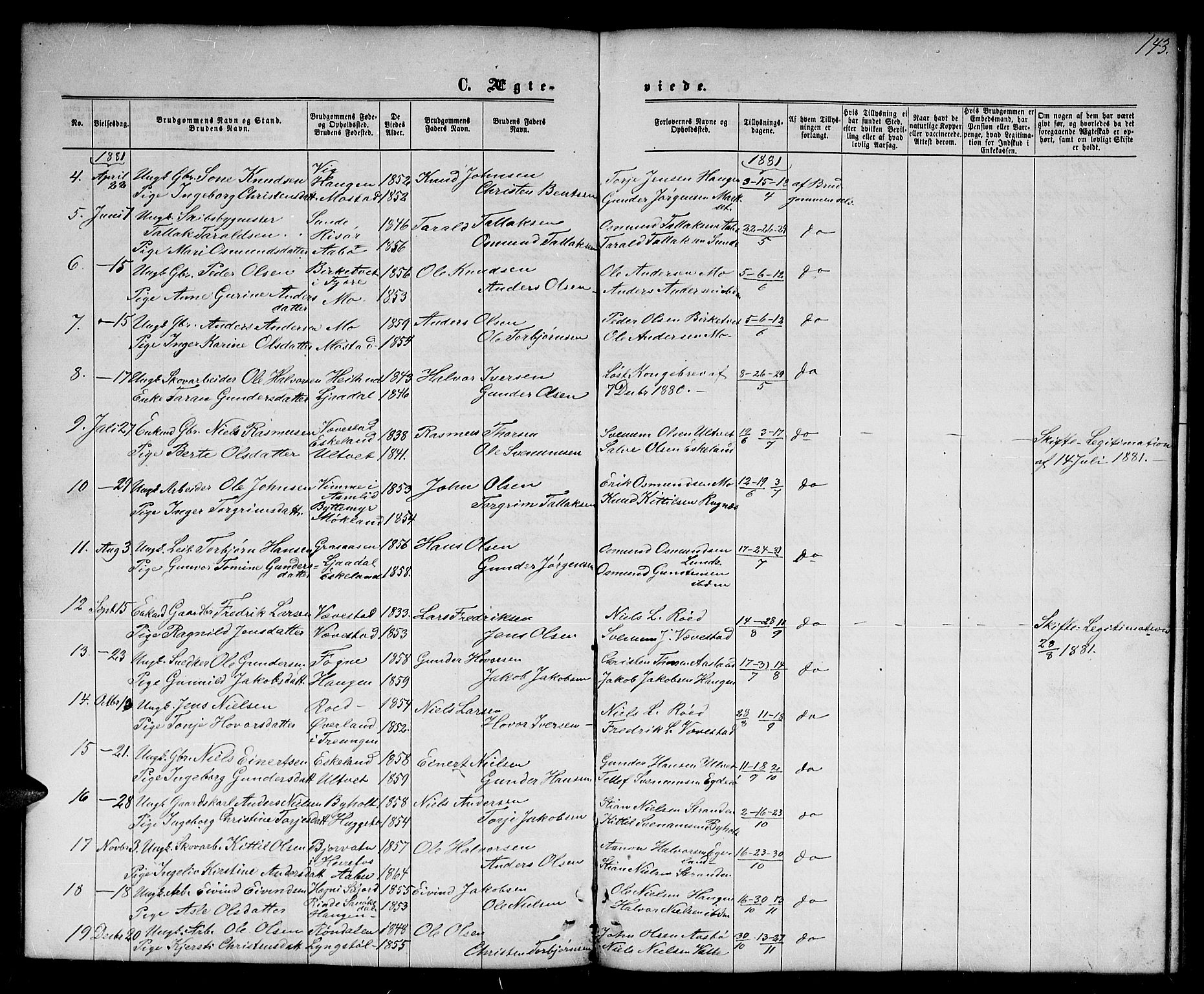 Gjerstad sokneprestkontor, SAK/1111-0014/F/Fb/Fba/L0006: Parish register (copy) no. B 6, 1868-1890, p. 143