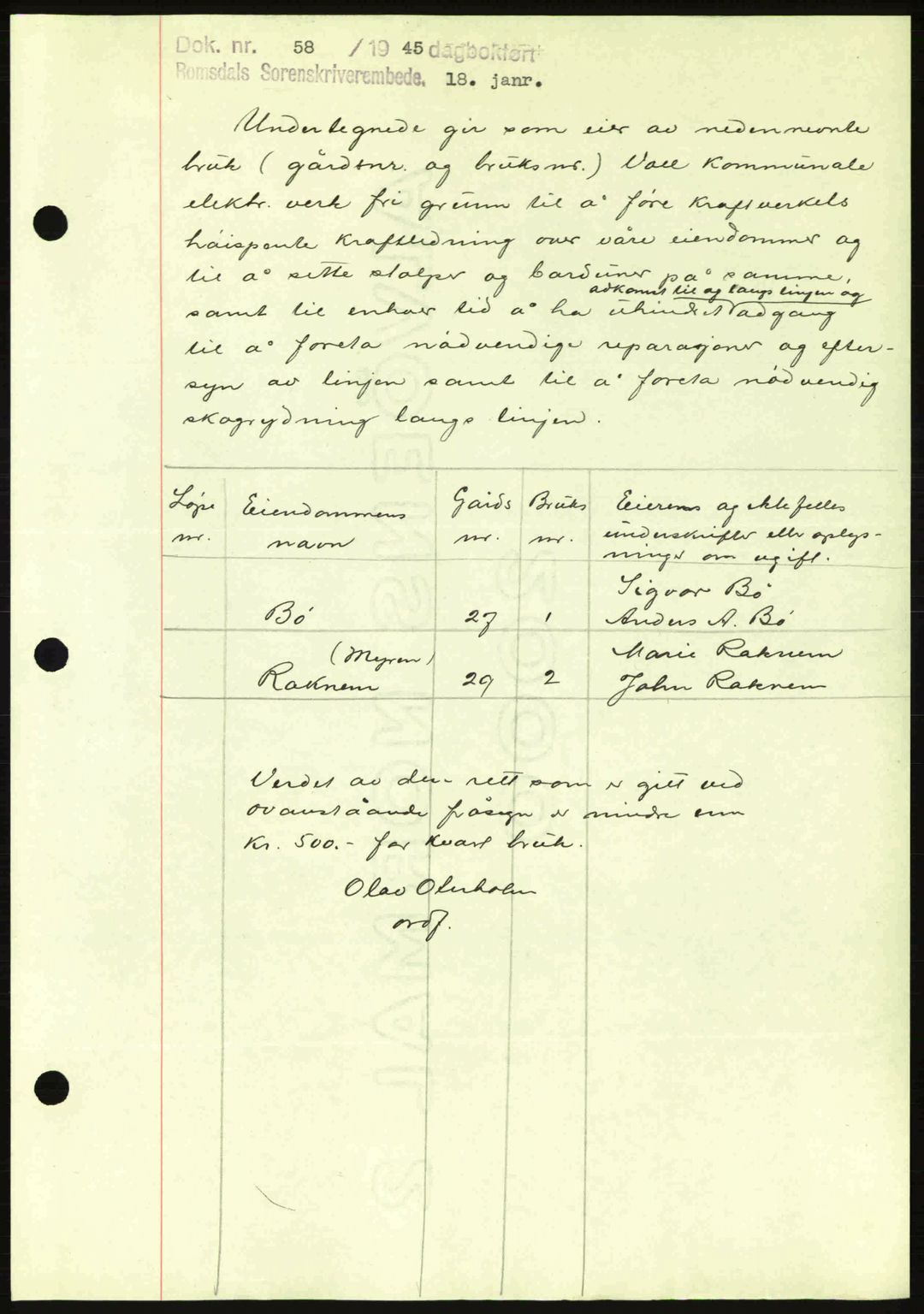 Romsdal sorenskriveri, AV/SAT-A-4149/1/2/2C: Mortgage book no. A17, 1944-1945, Diary no: : 58/1945