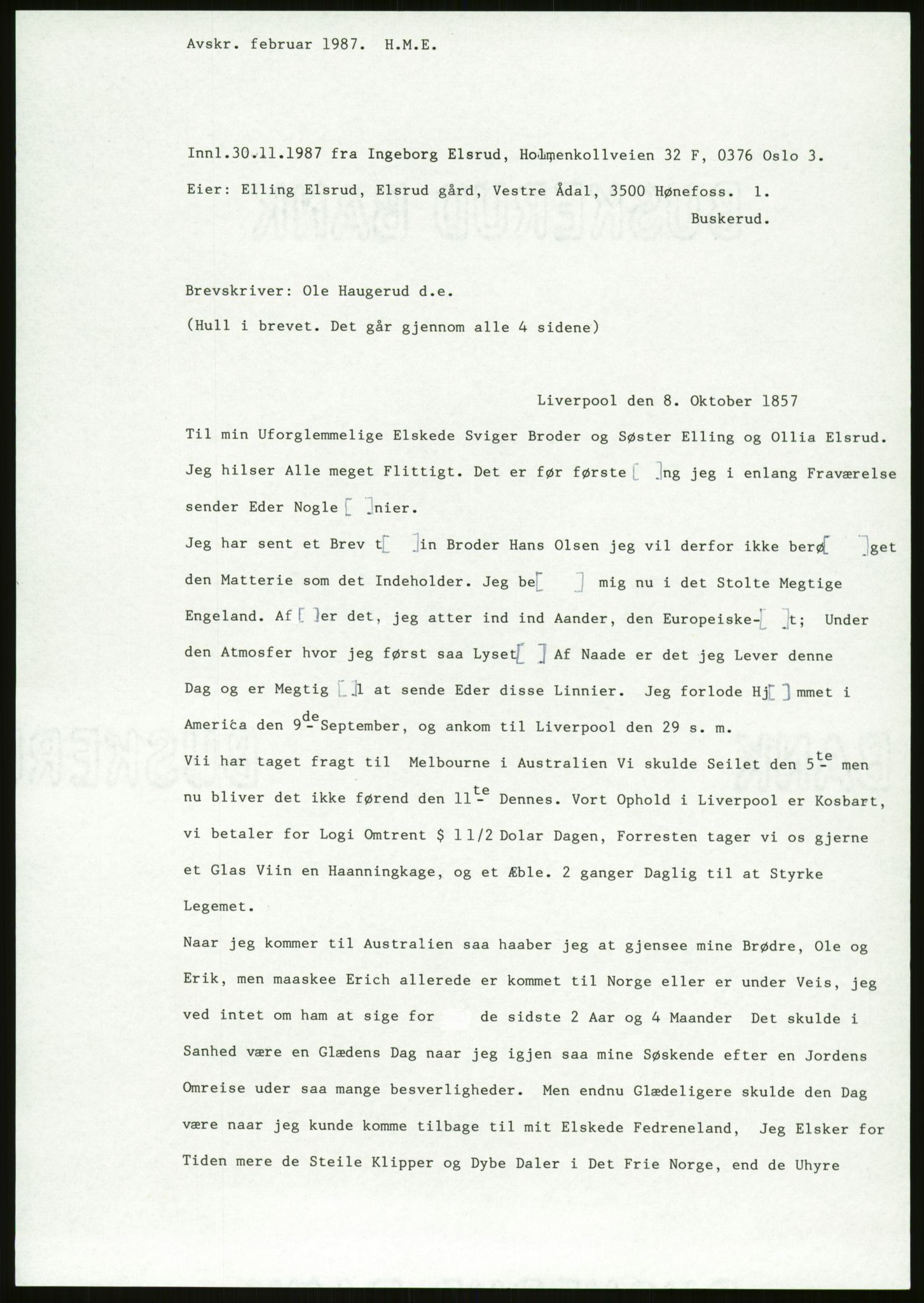 Samlinger til kildeutgivelse, Amerikabrevene, AV/RA-EA-4057/F/L0018: Innlån fra Buskerud: Elsrud, 1838-1914, p. 293