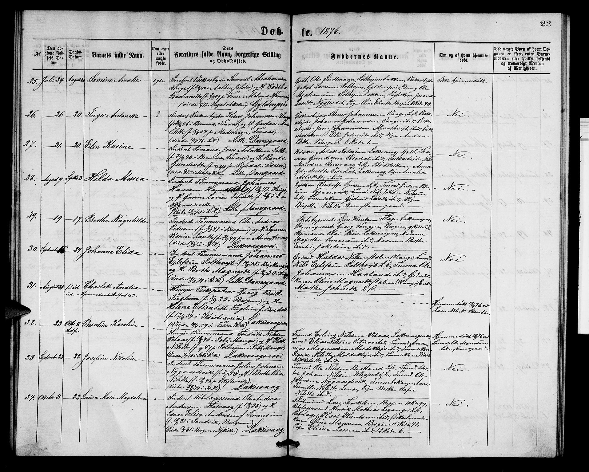 Laksevåg Sokneprestembete, SAB/A-76501/H/Ha/Hab/Haba/L0001: Parish register (copy) no. A 1, 1875-1877, p. 22