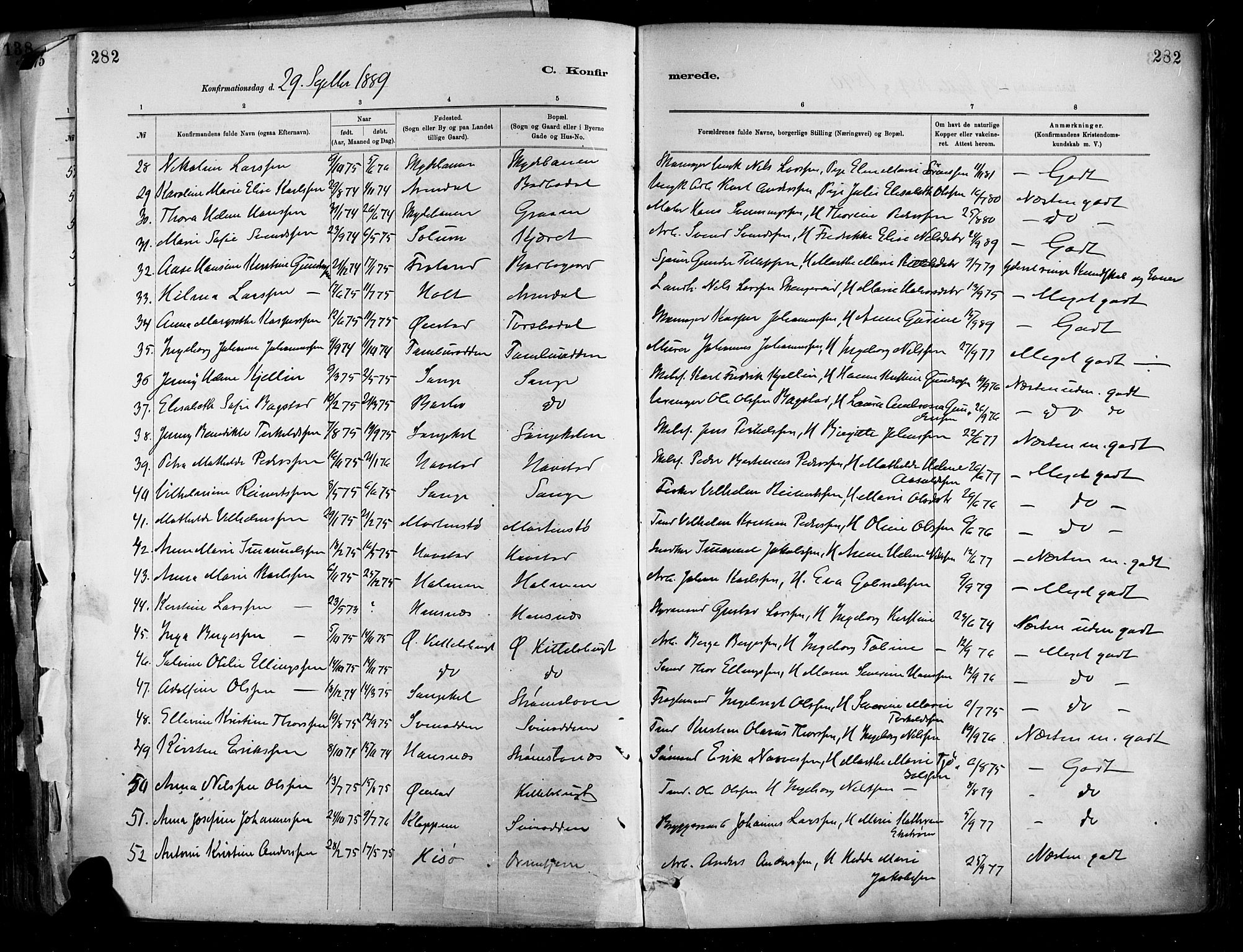 Barbu sokneprestkontor, SAK/1111-0003/F/Fa/L0002: Parish register (official) no. A 2, 1883-1898, p. 282