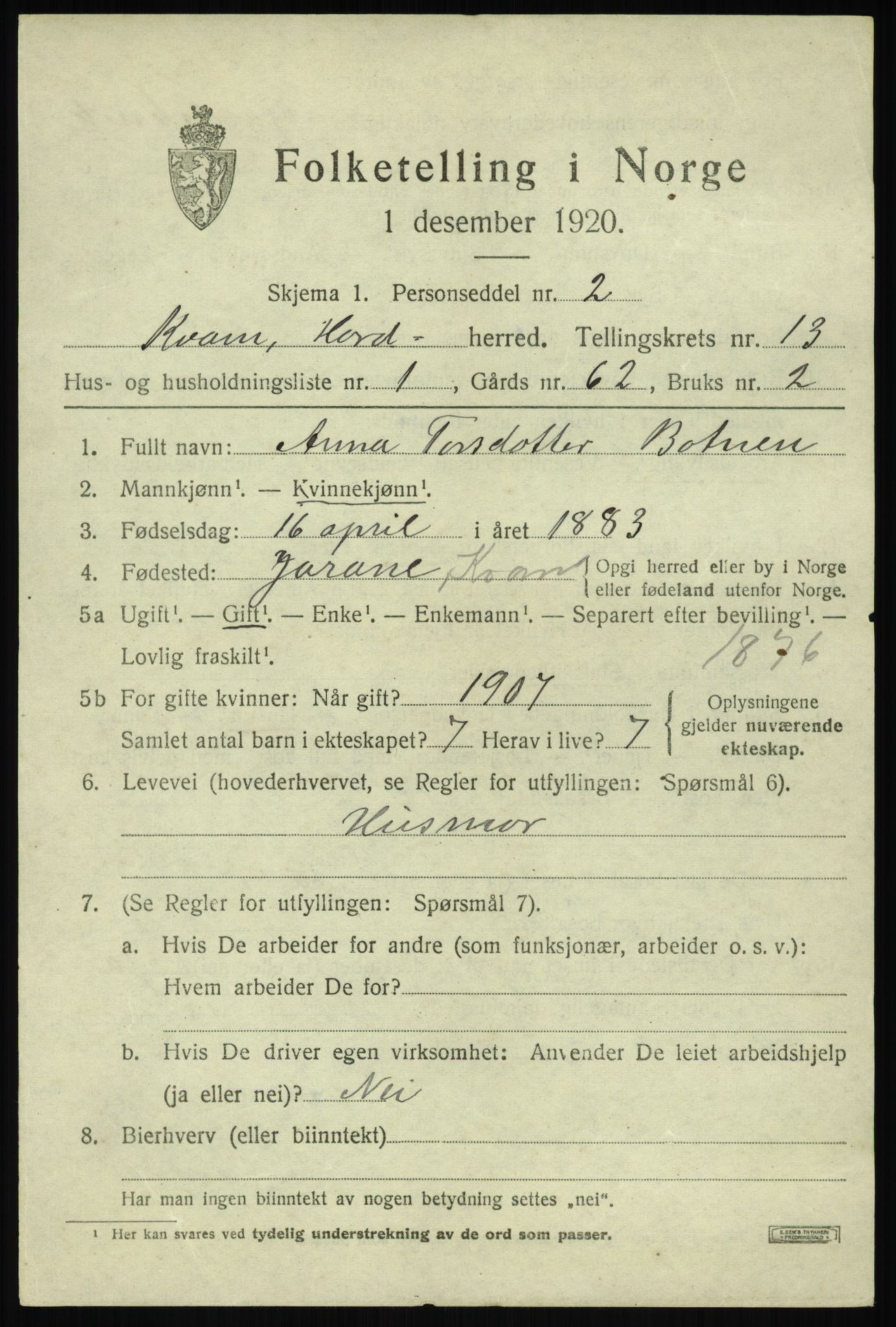 SAB, 1920 census for Kvam, 1920, p. 7973