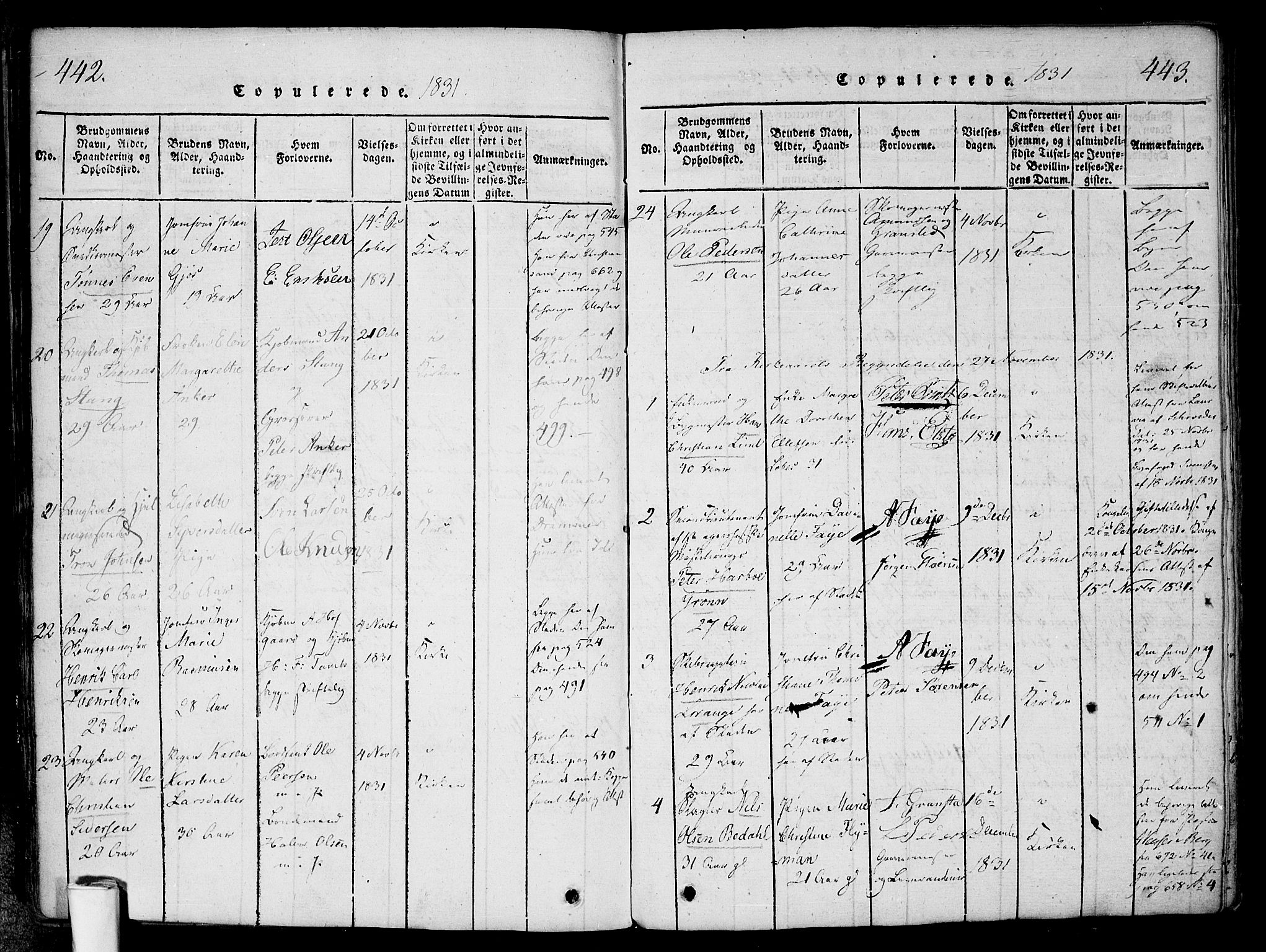 Halden prestekontor Kirkebøker, AV/SAO-A-10909/F/Fa/L0003: Parish register (official) no. I 3, 1815-1834, p. 442-443