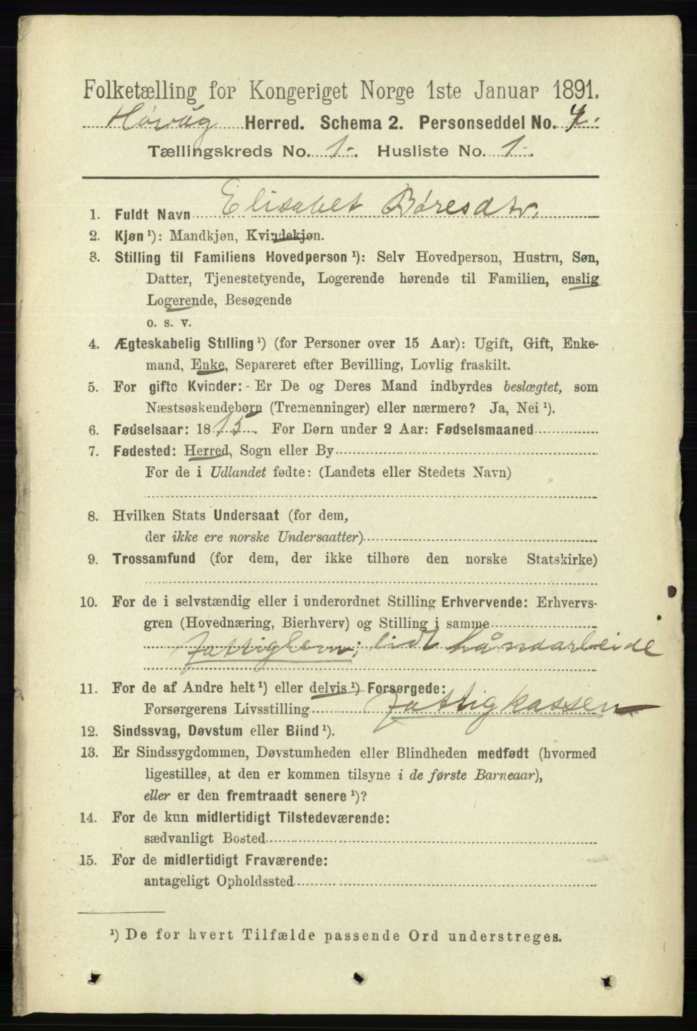 RA, 1891 census for 0927 Høvåg, 1891, p. 94