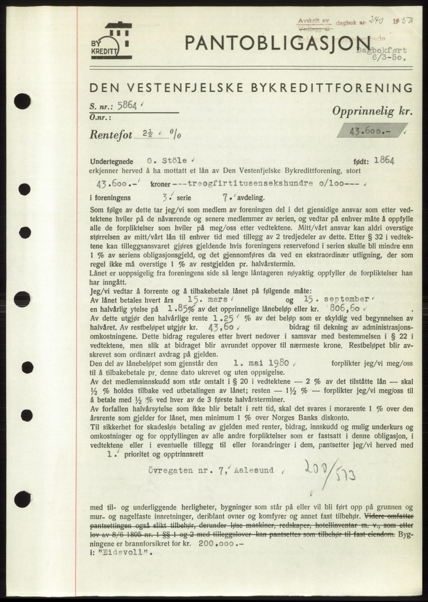 Ålesund byfogd, AV/SAT-A-4384: Mortgage book no. B36-38, 1948-1950, Diary no: : 240/1950