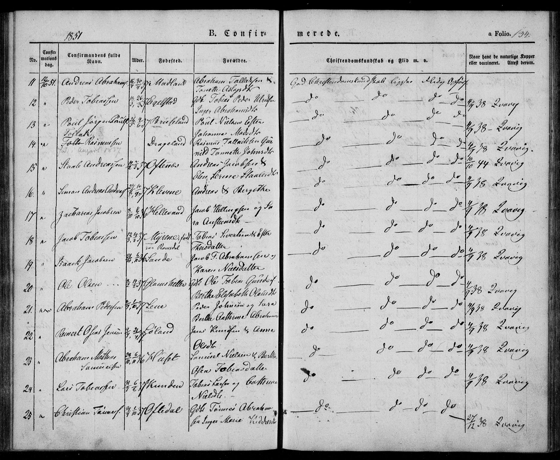 Lyngdal sokneprestkontor, SAK/1111-0029/F/Fa/Fac/L0008: Parish register (official) no. A 8, 1837-1852, p. 134