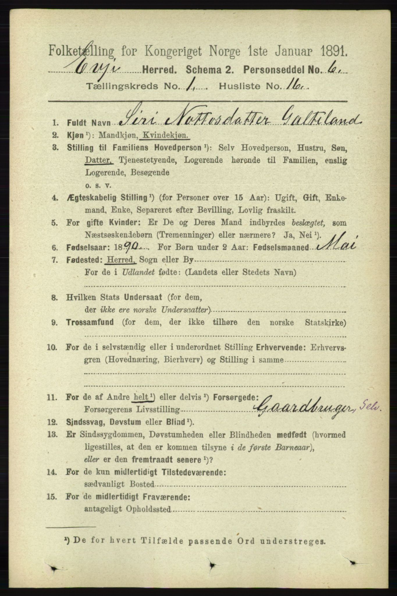 RA, 1891 census for 0937 Evje, 1891, p. 166