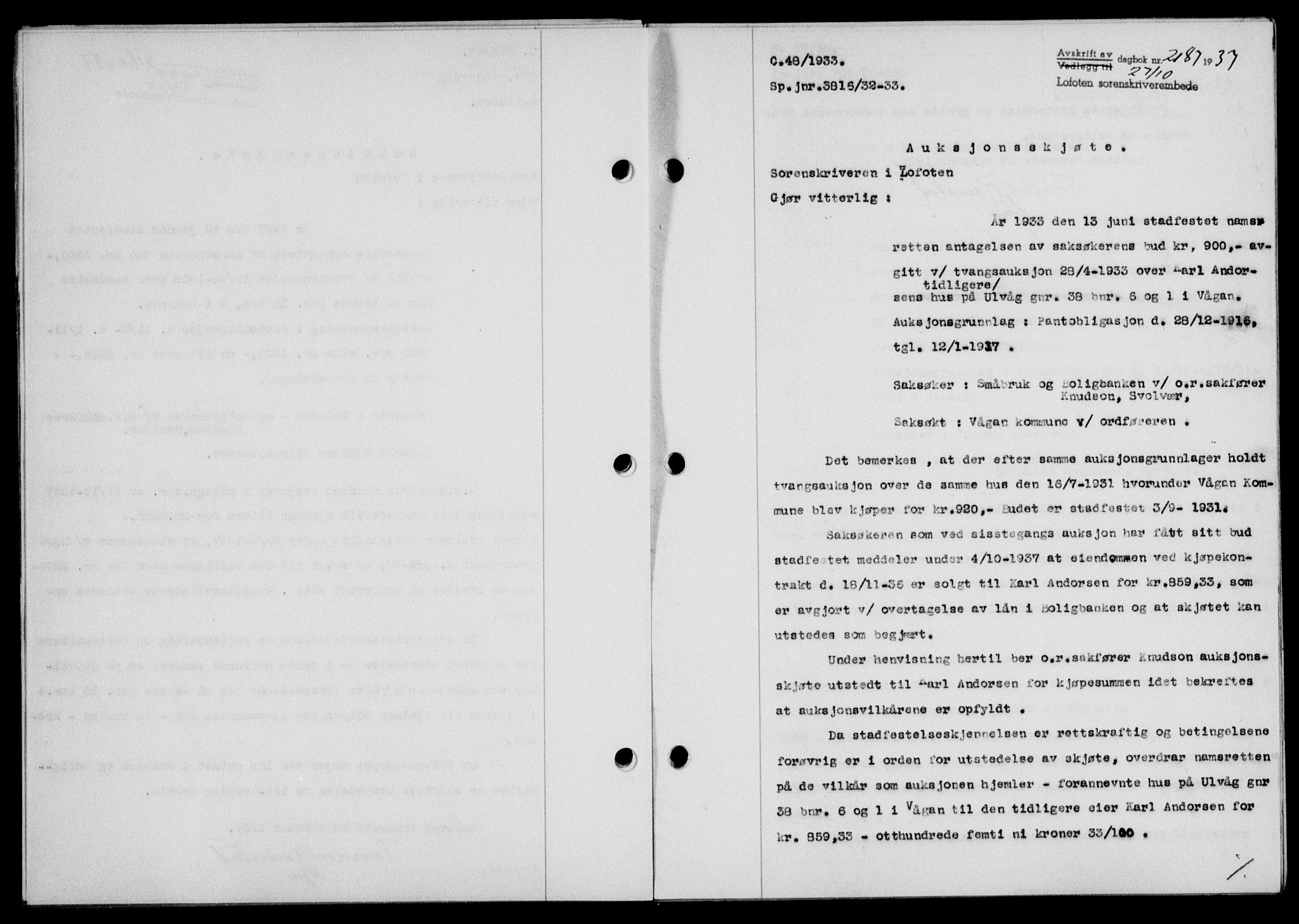 Lofoten sorenskriveri, SAT/A-0017/1/2/2C/L0003a: Mortgage book no. 3a, 1937-1938, Diary no: : 2187/1937