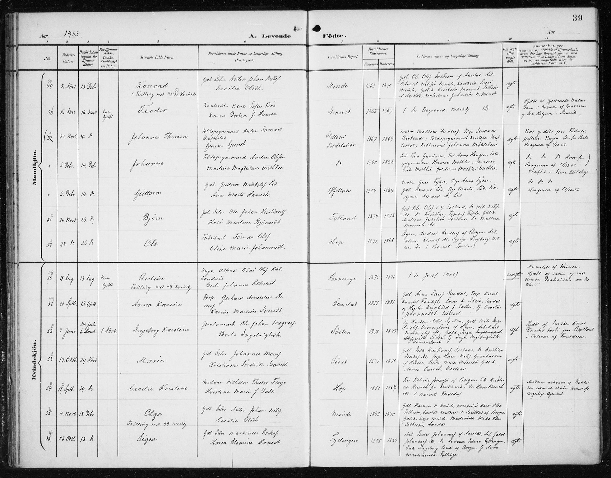 Fana Sokneprestembete, SAB/A-75101/H/Haa/Haai/L0003: Parish register (official) no. I 3, 1900-1912, p. 39