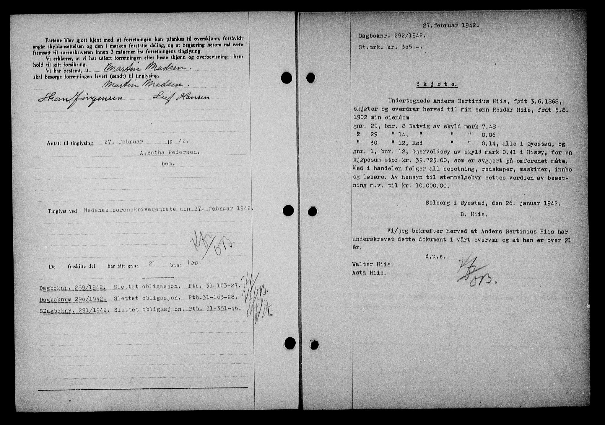 Nedenes sorenskriveri, SAK/1221-0006/G/Gb/Gba/L0049: Mortgage book no. A-III, 1941-1942, Diary no: : 292/1942