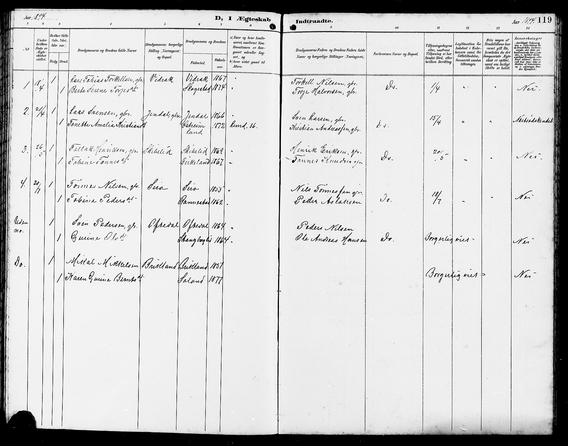 Bakke sokneprestkontor, SAK/1111-0002/F/Fb/Fba/L0003: Parish register (copy) no. B 3, 1894-1910, p. 119