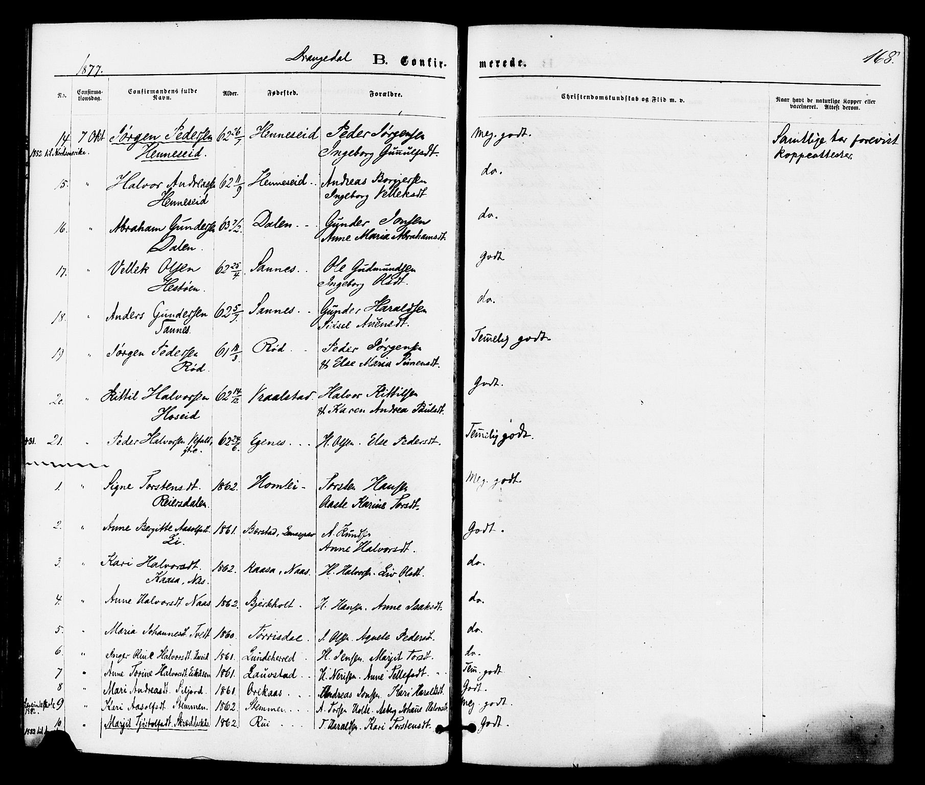 Drangedal kirkebøker, SAKO/A-258/F/Fa/L0009: Parish register (official) no. 9 /1, 1872-1884, p. 168
