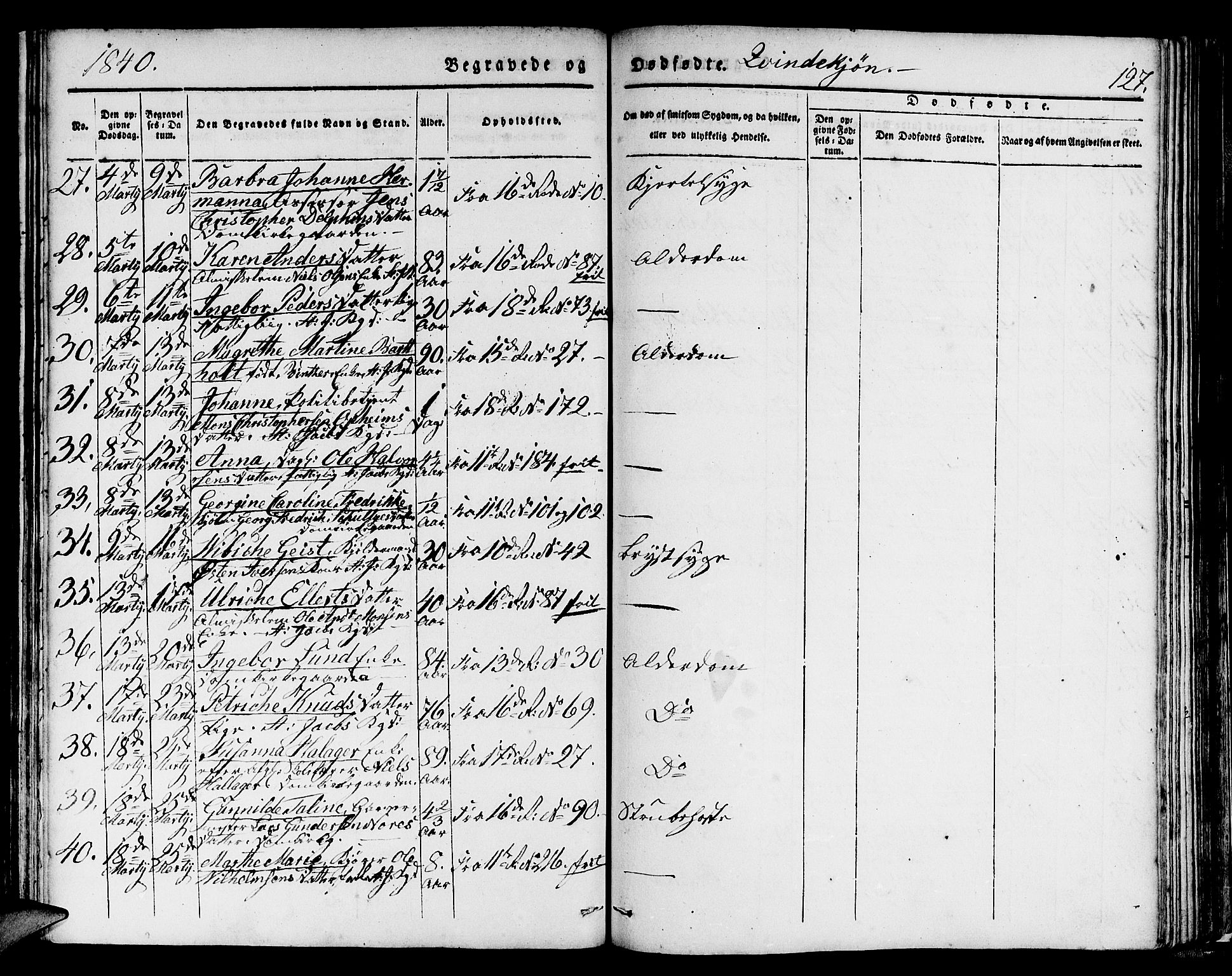 Domkirken sokneprestembete, SAB/A-74801/H/Hab/L0037: Parish register (copy) no. E 1, 1836-1848, p. 127